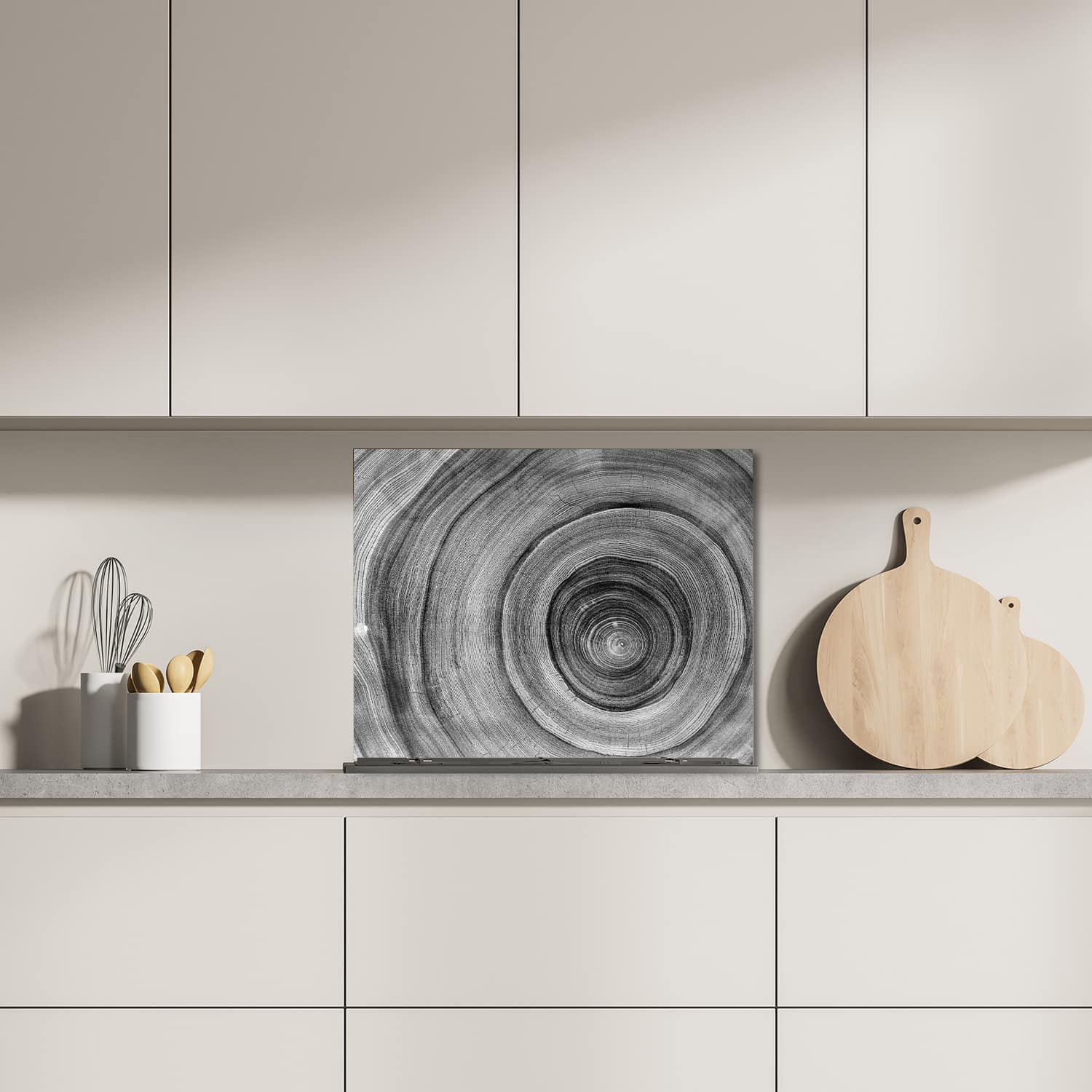 Eigen afmeting spatscherm-op-maat Keuken - Hittebestendig gehard glas - Zwart-Wit Boomringen