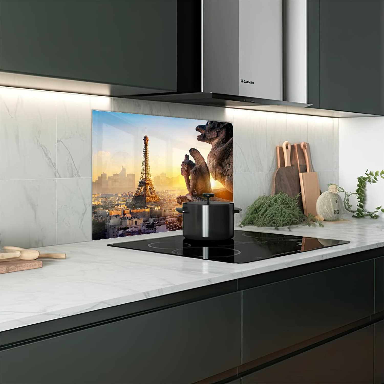 Eigen afmeting spatscherm-op-maat Keuken - Hittebestendig gehard glas - Eiffeltoren en Chimera