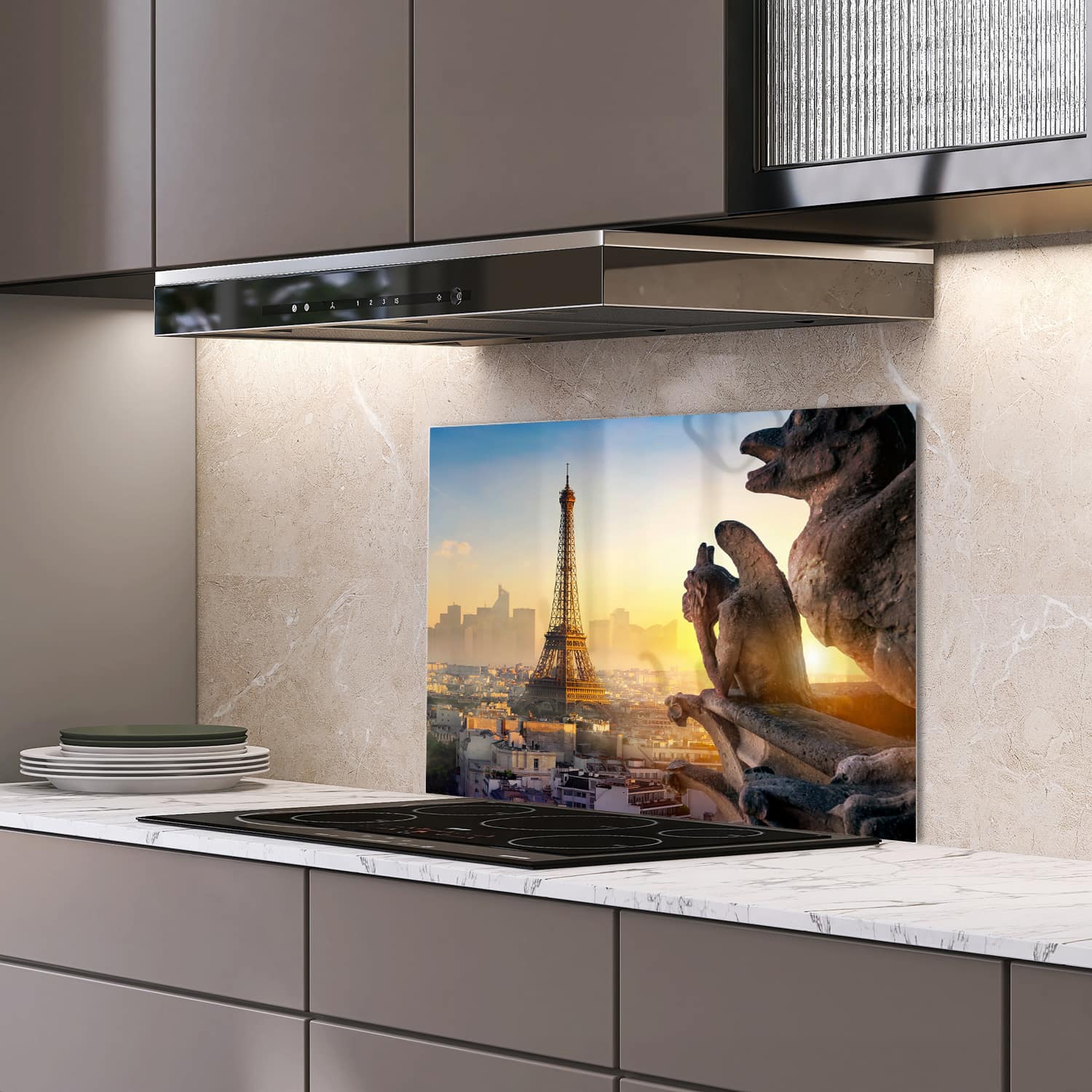 Eigen afmeting spatscherm-op-maat Keuken - Hittebestendig gehard glas - Eiffeltoren en Chimera