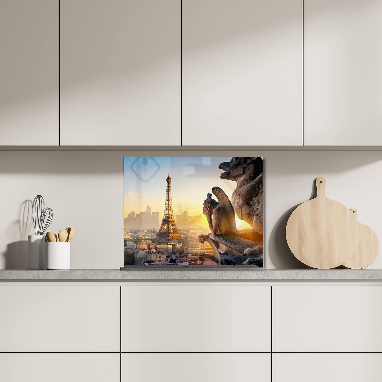 Eigen afmeting spatscherm-op-maat Keuken - Hittebestendig gehard glas - Eiffeltoren en Chimera