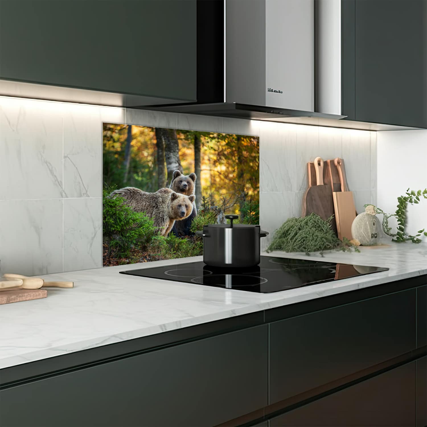 Eigen afmeting spatscherm-op-maat Keuken - Hittebestendig gehard glas - Bruine Beren