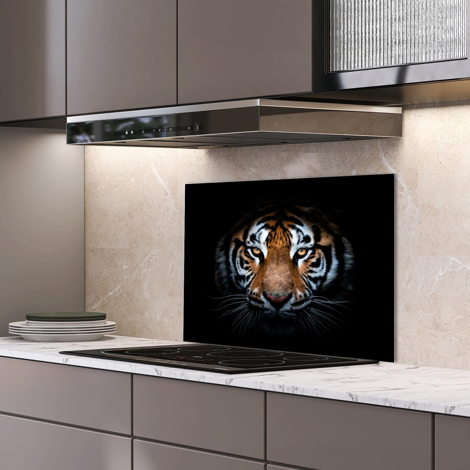 Eigen afmeting spatscherm-op-maat Keuken - Hittebestendig gehard glas - Portret van Tijger