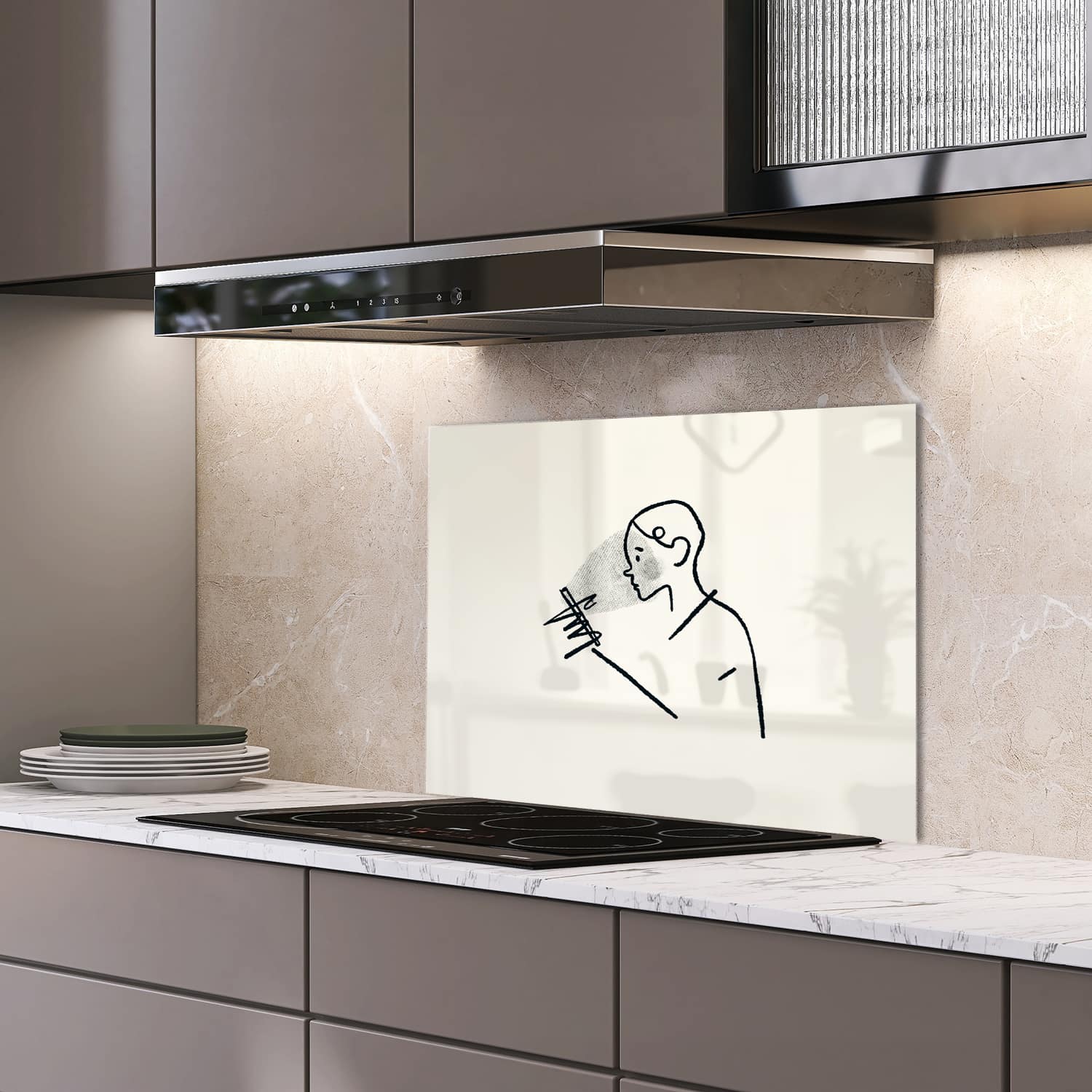 Eigen afmeting spatscherm-op-maat Keuken - Hittebestendig gehard glas - Getekende Man
