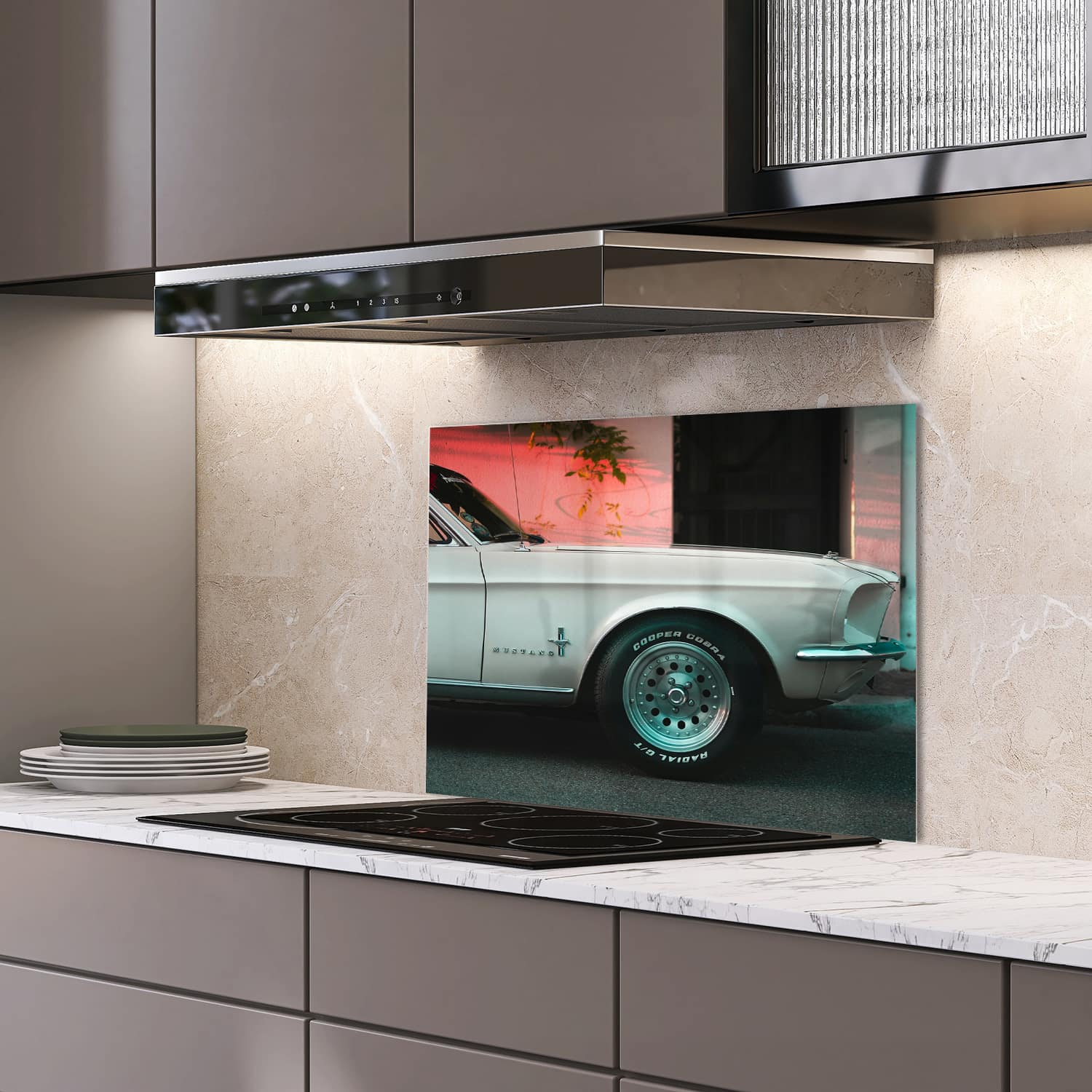 Eigen afmeting spatscherm-op-maat Keuken - Hittebestendig gehard glas - Ford Mustang