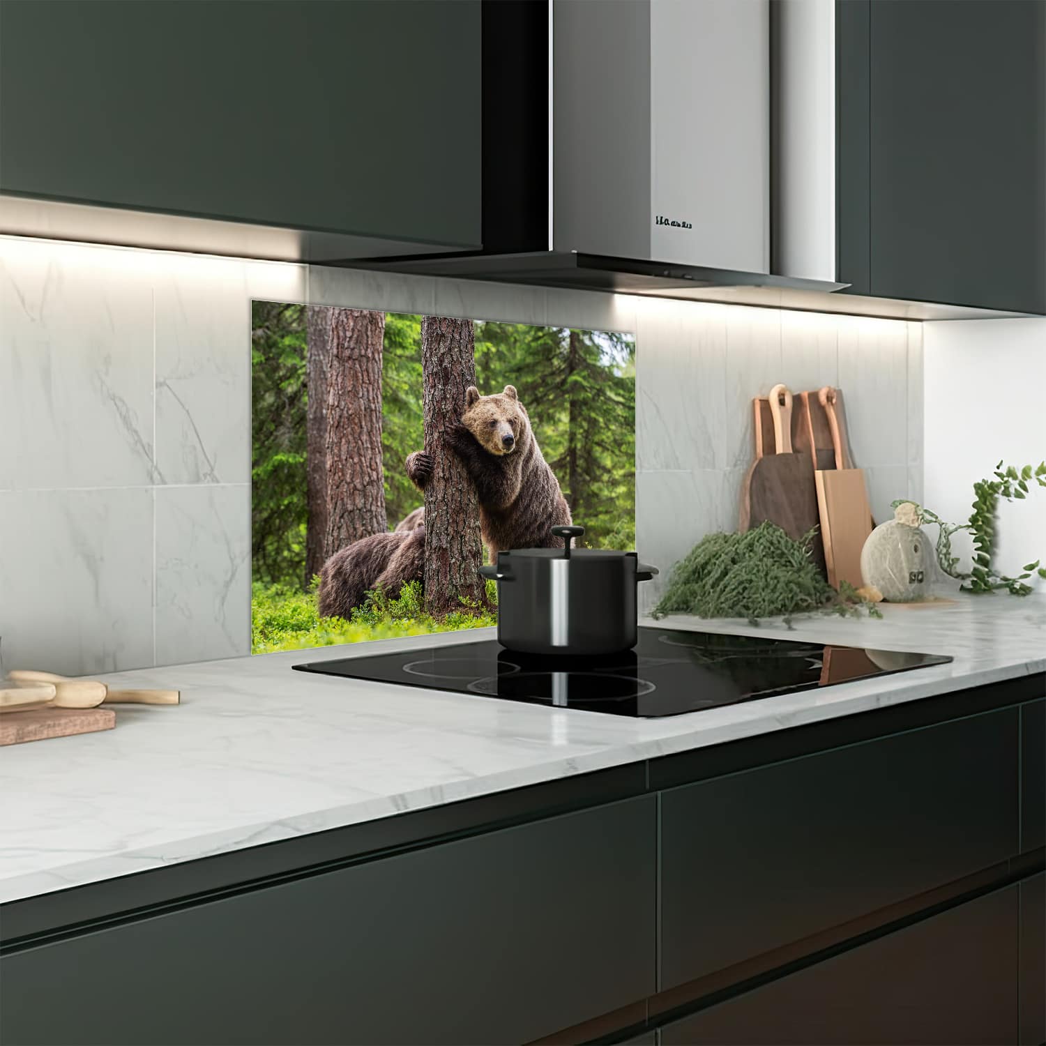 Eigen afmeting spatscherm-op-maat Keuken - Hittebestendig gehard glas - Bruine Beren in het Bos