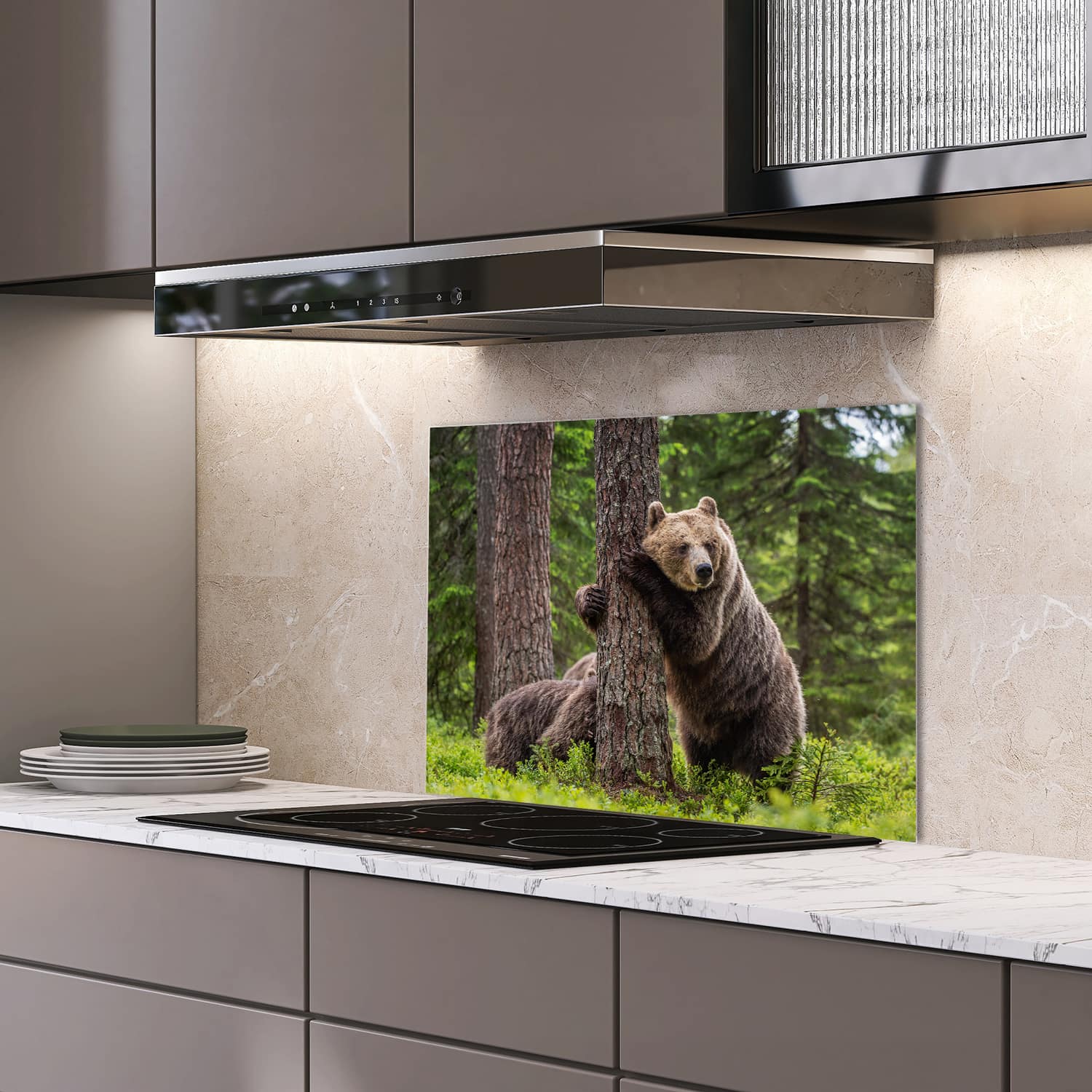 Eigen afmeting spatscherm-op-maat Keuken - Hittebestendig gehard glas - Bruine Beren in het Bos