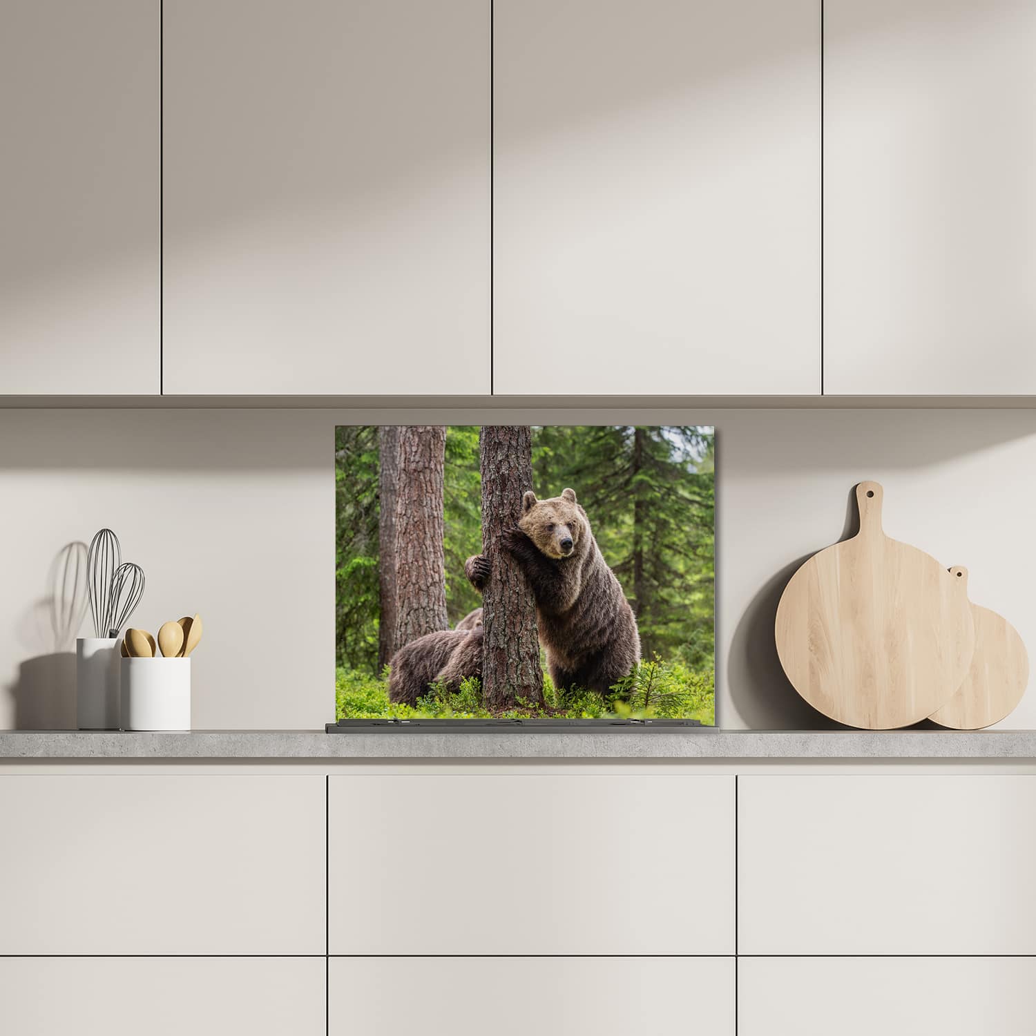Eigen afmeting spatscherm-op-maat Keuken - Hittebestendig gehard glas - Bruine Beren in het Bos