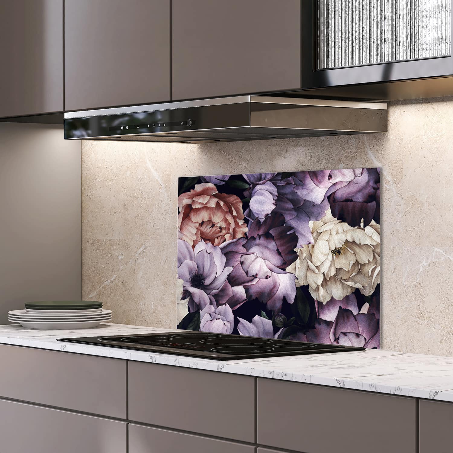 Eigen afmeting spatscherm-op-maat Keuken - Hittebestendig gehard glas - Bloemen Patroon van Waterverf