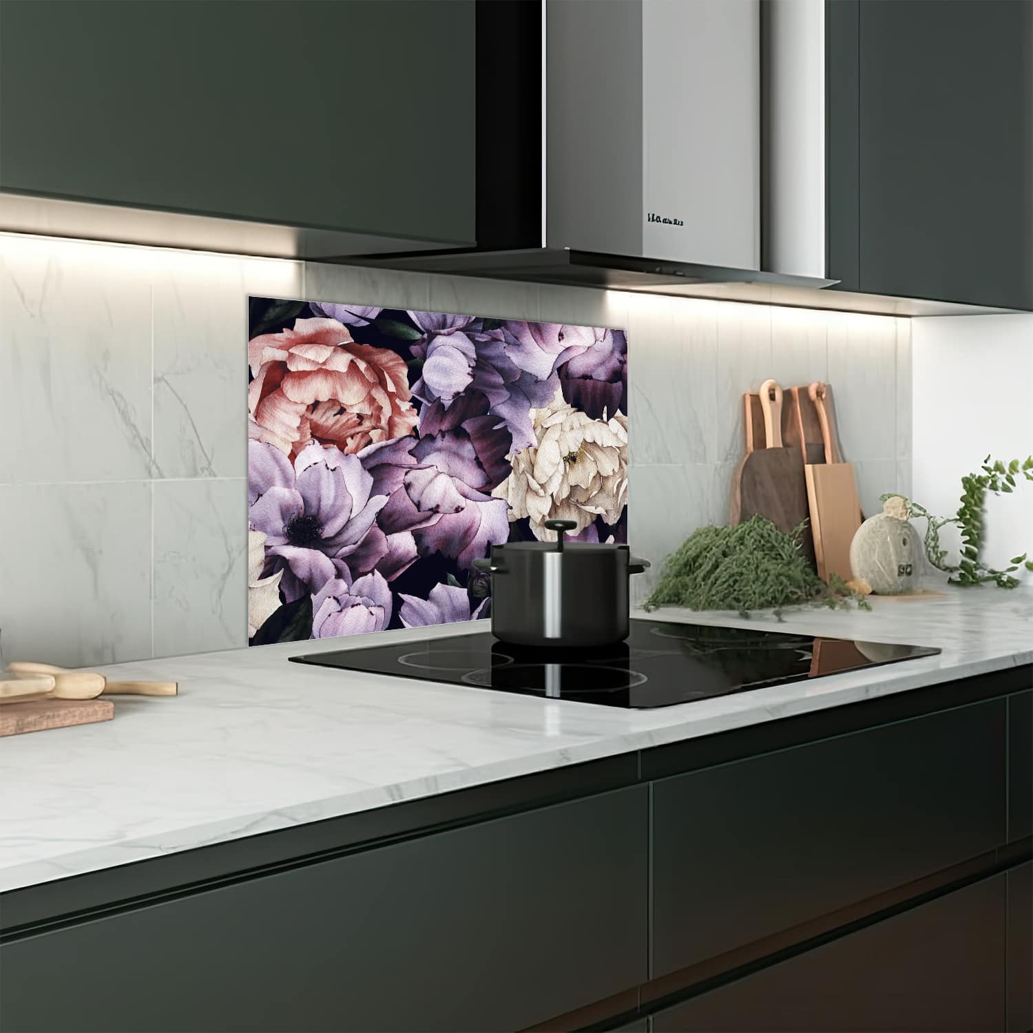 Eigen afmeting spatscherm-op-maat Keuken - Hittebestendig gehard glas - Bloemen Patroon van Waterverf