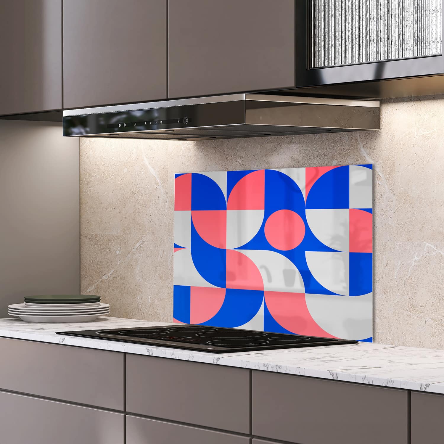 Eigen afmeting spatscherm-op-maat Keuken - Hittebestendig gehard glas - Blauw/Oranje Abstract Kunstwerk