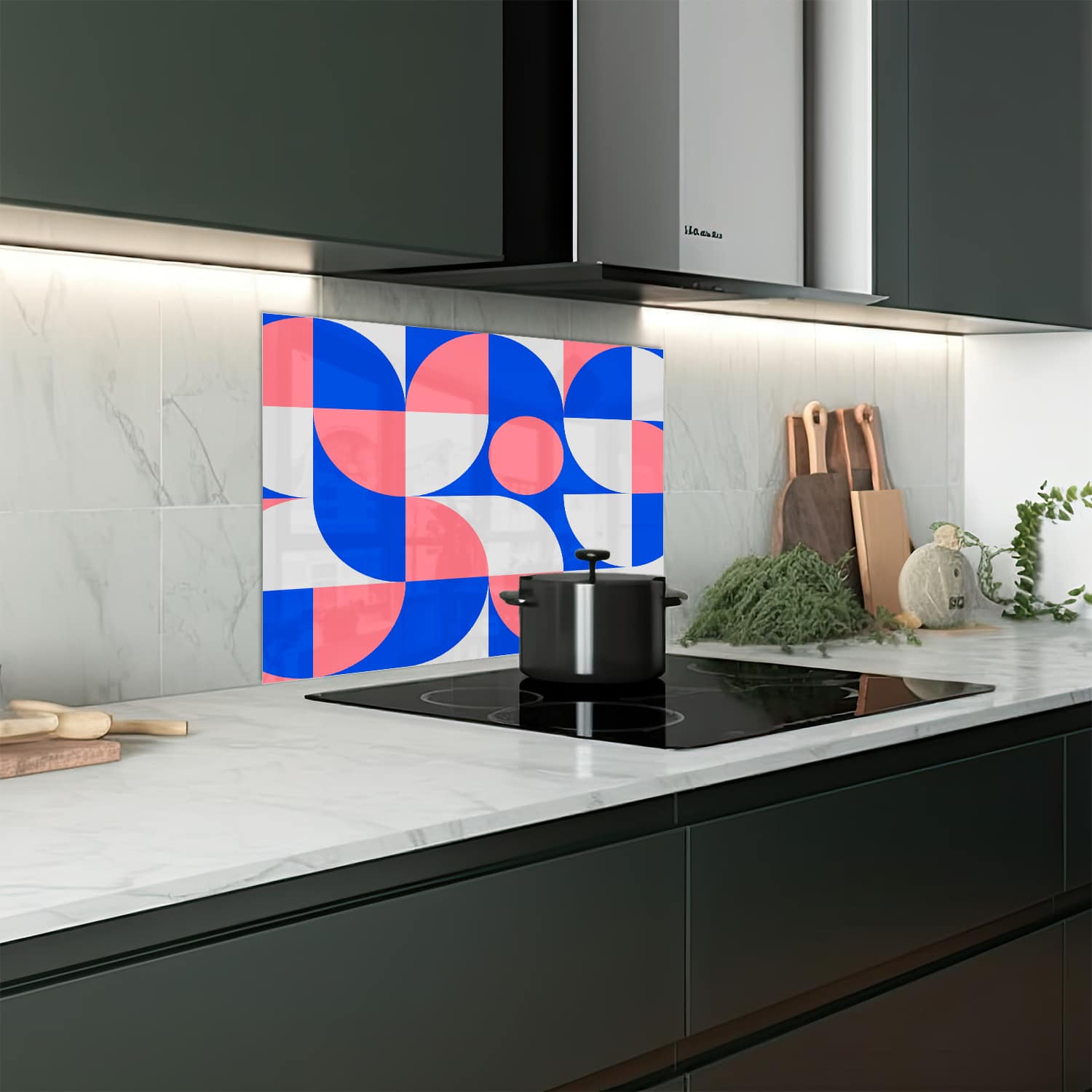 Eigen afmeting spatscherm-op-maat Keuken - Hittebestendig gehard glas - Blauw/Oranje Abstract Kunstwerk