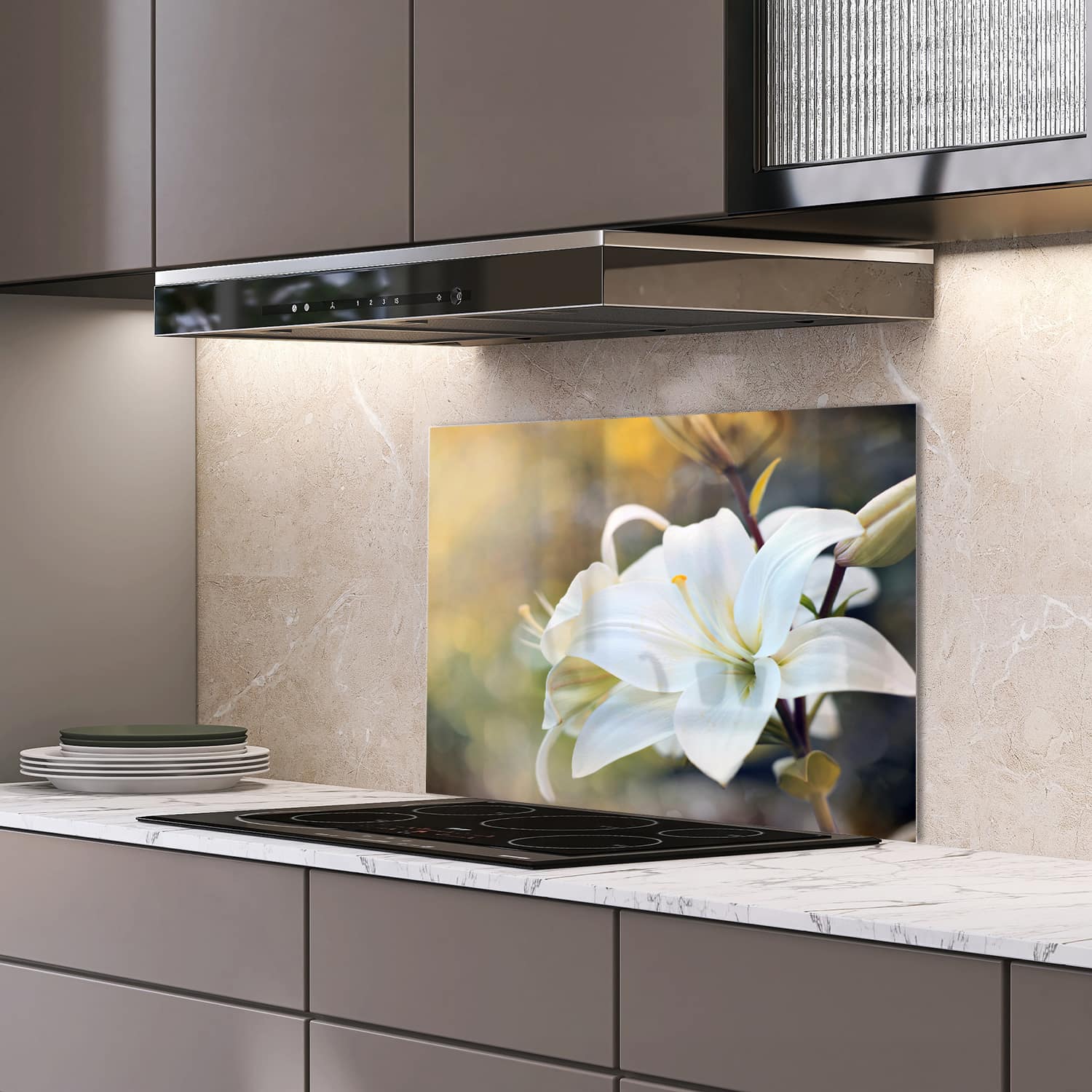 Eigen afmeting spatscherm-op-maat Keuken - Hittebestendig gehard glas - Witte Lelie Bloem