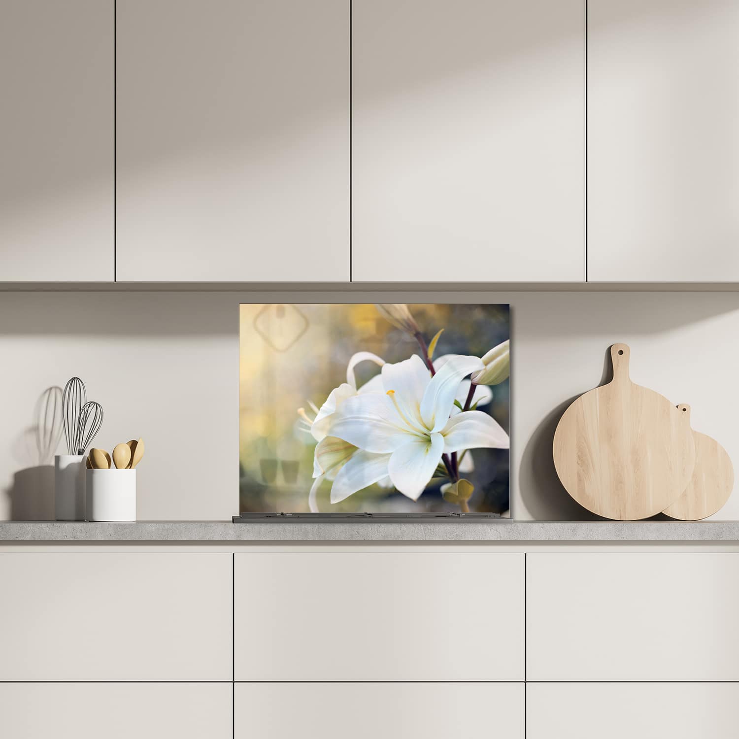 Eigen afmeting spatscherm-op-maat Keuken - Hittebestendig gehard glas - Witte Lelie Bloem