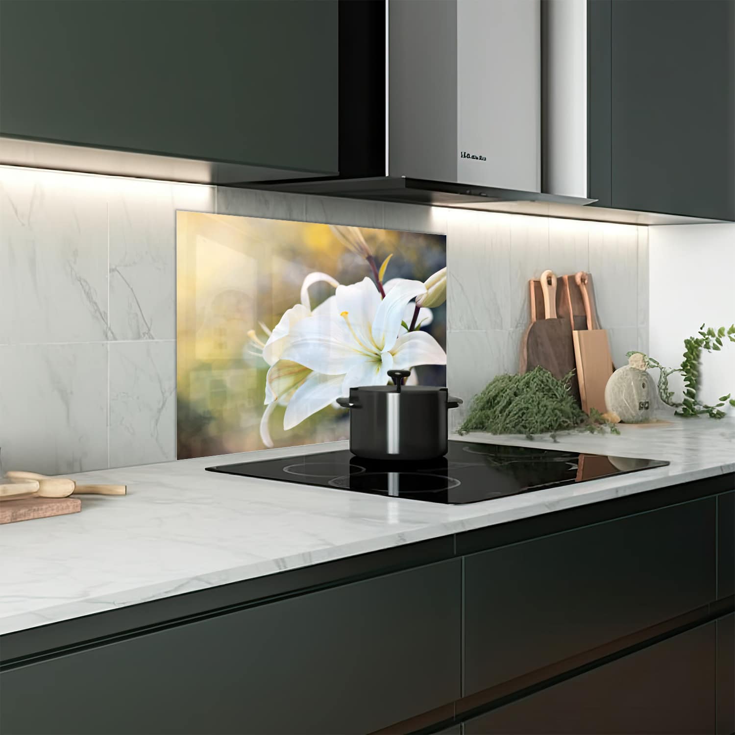 Eigen afmeting spatscherm-op-maat Keuken - Hittebestendig gehard glas - Witte Lelie Bloem
