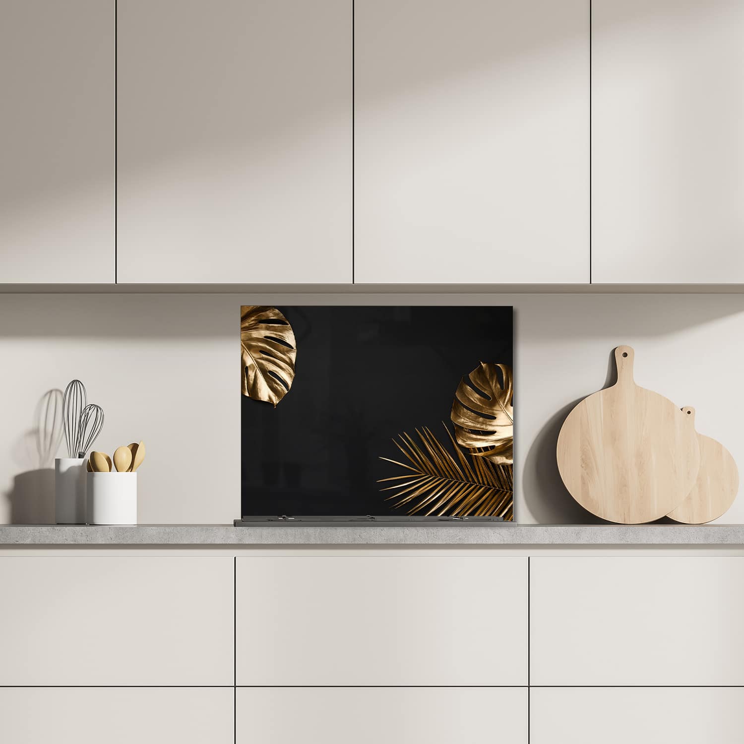 Eigen afmeting spatscherm-op-maat Keuken - Hittebestendig gehard glas - Gouden Tropische Bladeren