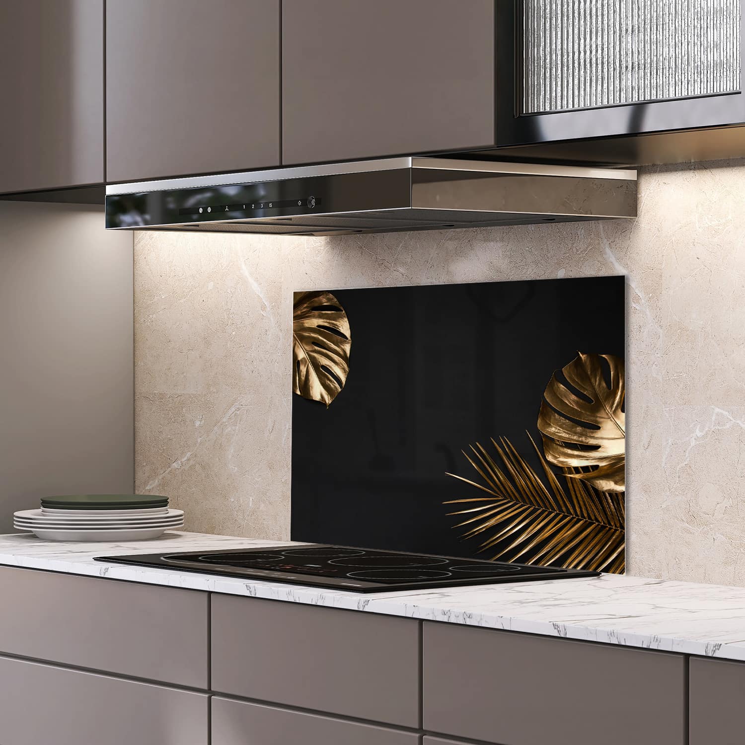 Eigen afmeting spatscherm-op-maat Keuken - Hittebestendig gehard glas - Gouden Tropische Bladeren
