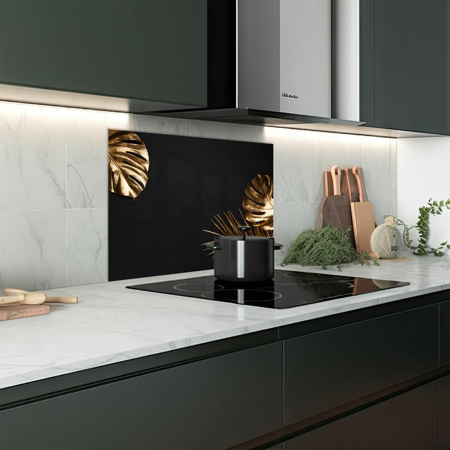 Eigen afmeting spatscherm-op-maat Keuken - Hittebestendig gehard glas - Gouden Tropische Bladeren
