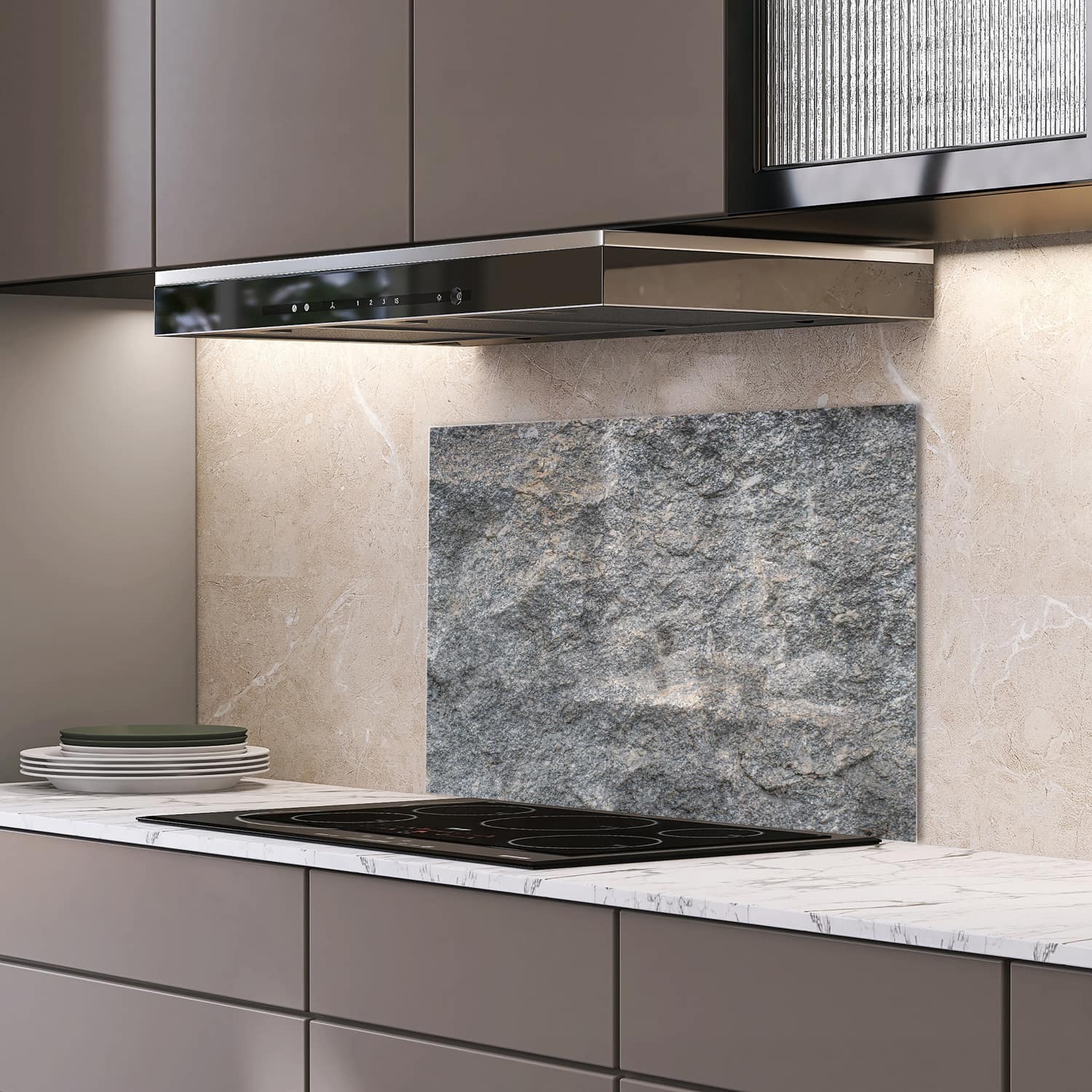 Eigen afmeting spatscherm-op-maat Keuken - Hittebestendig gehard glas - Graniet Steen Textuur