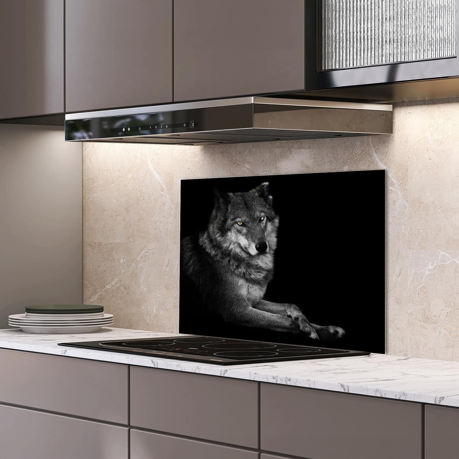Eigen afmeting spatscherm-op-maat Keuken - Hittebestendig gehard glas - Vrouwelijke Wolf
