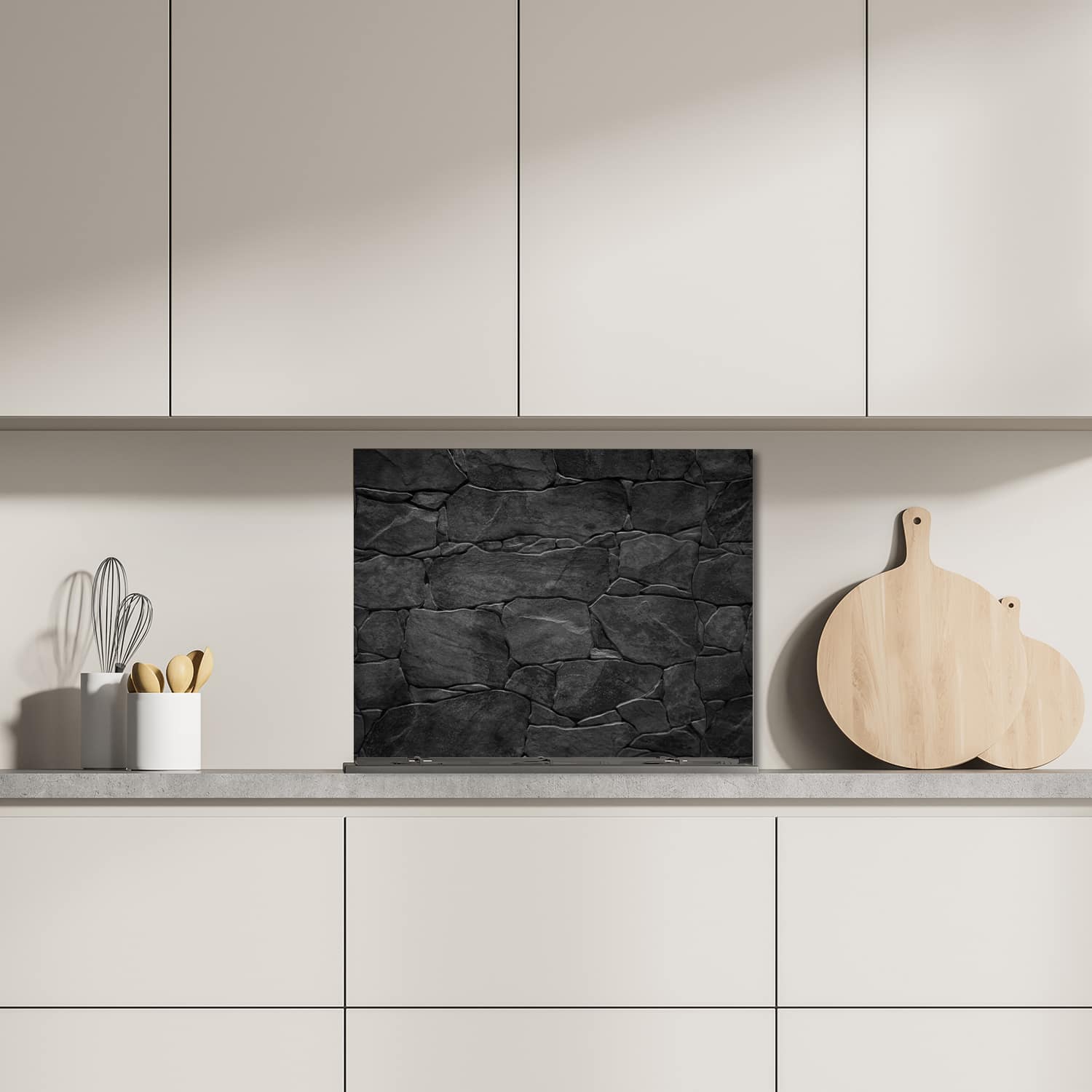 Eigen afmeting spatscherm-op-maat Keuken - Hittebestendig gehard glas - Zwarte Stenen Muur