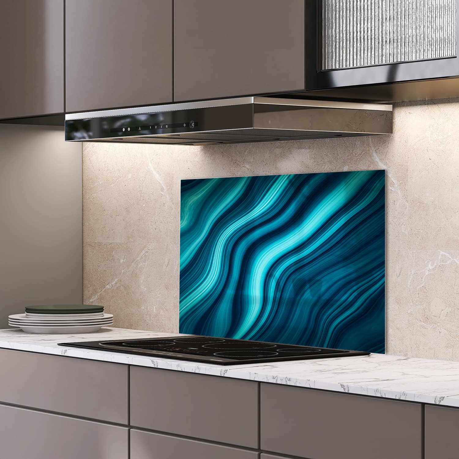 Eigen afmeting spatscherm-op-maat Keuken - Hittebestendig gehard glas - Blauwe Marmer Inkt Textuur