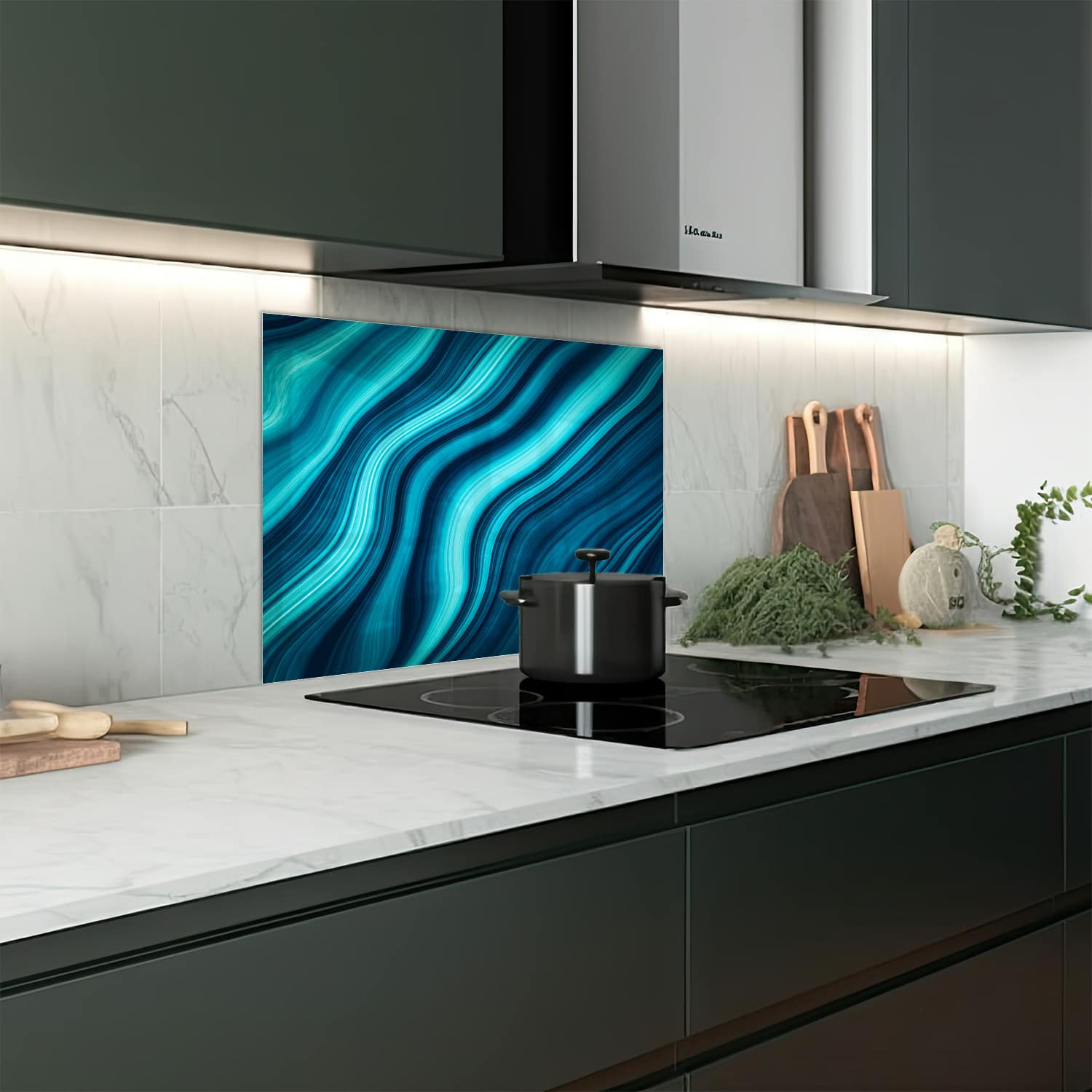 Eigen afmeting spatscherm-op-maat Keuken - Hittebestendig gehard glas - Blauwe Marmer Inkt Textuur