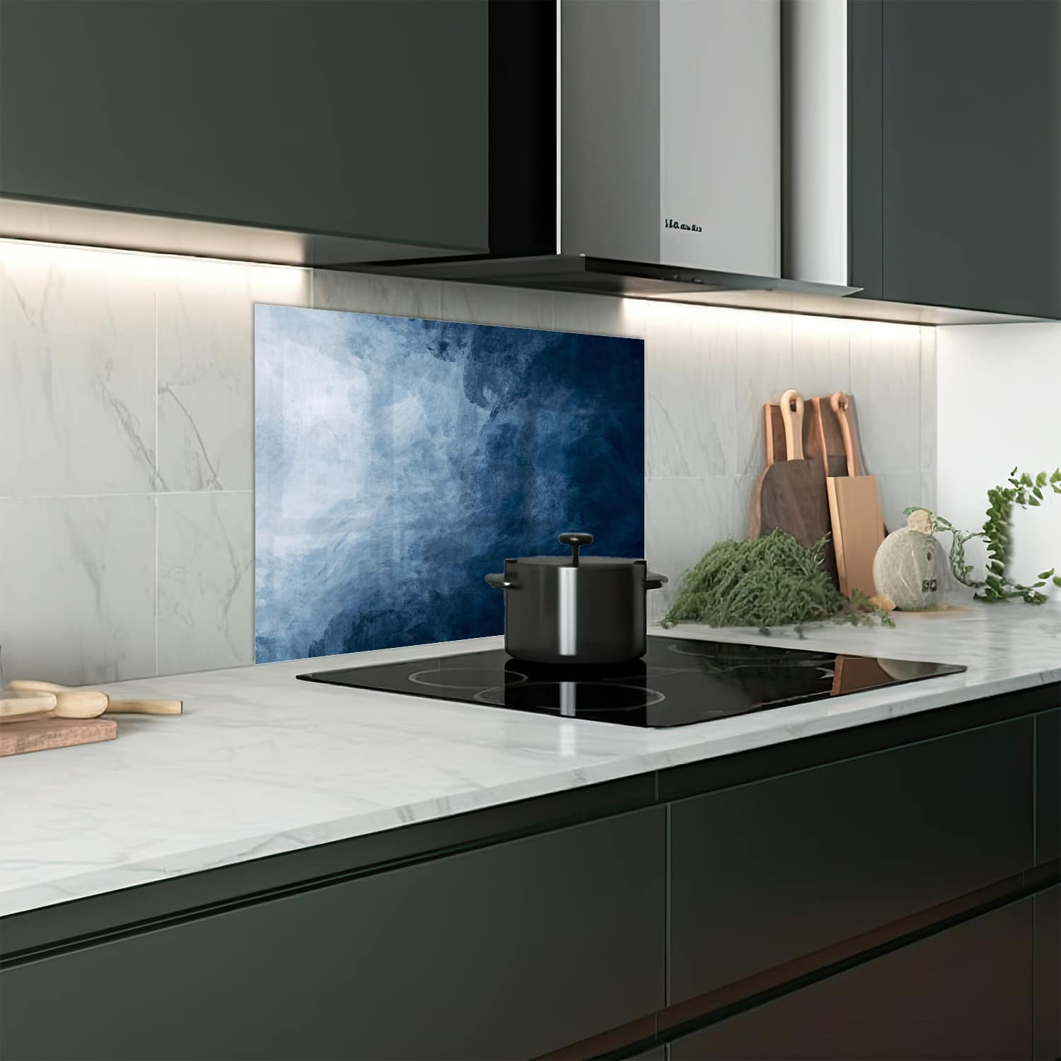 Eigen afmeting spatscherm-op-maat Keuken - Hittebestendig gehard glas - Blauwe Waterverf Textuur
