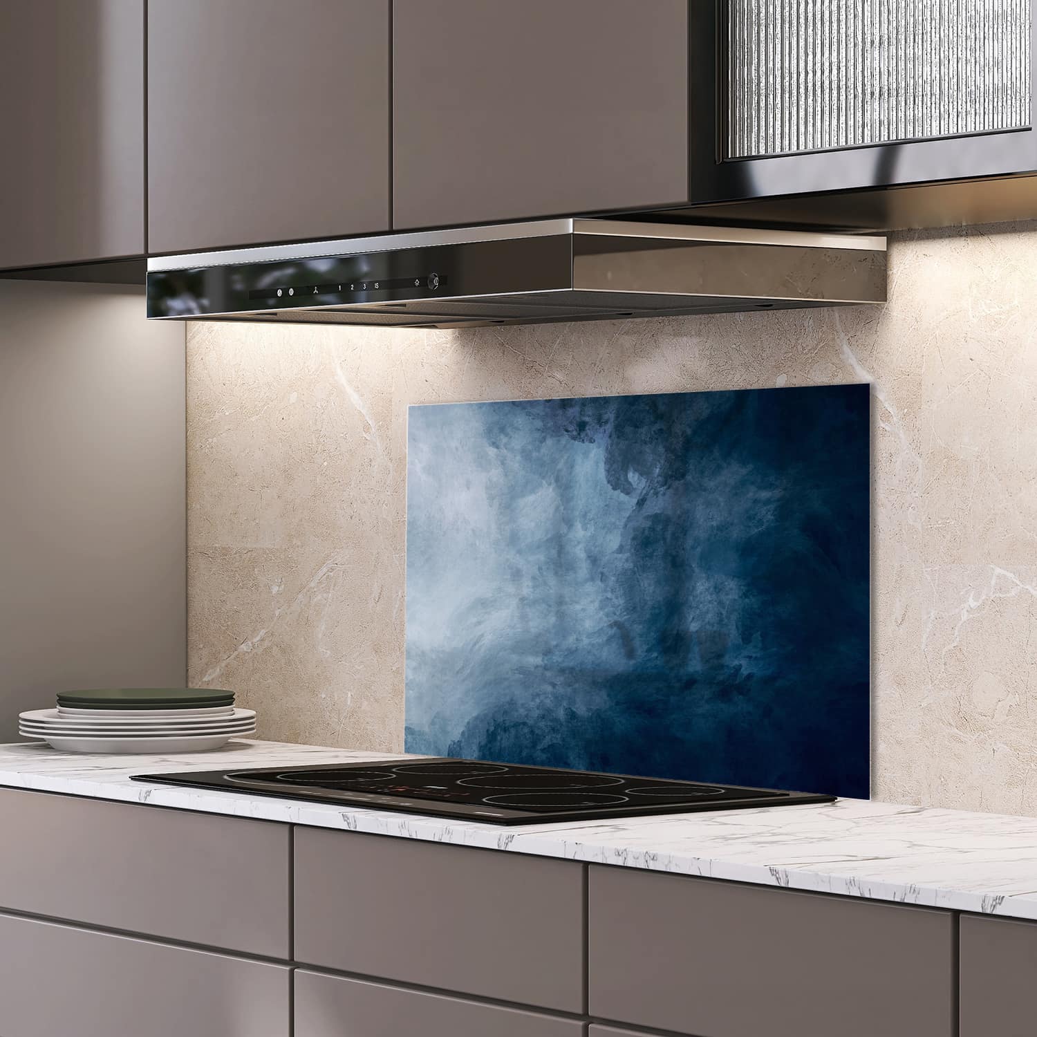 Eigen afmeting spatscherm-op-maat Keuken - Hittebestendig gehard glas - Blauwe Waterverf Textuur