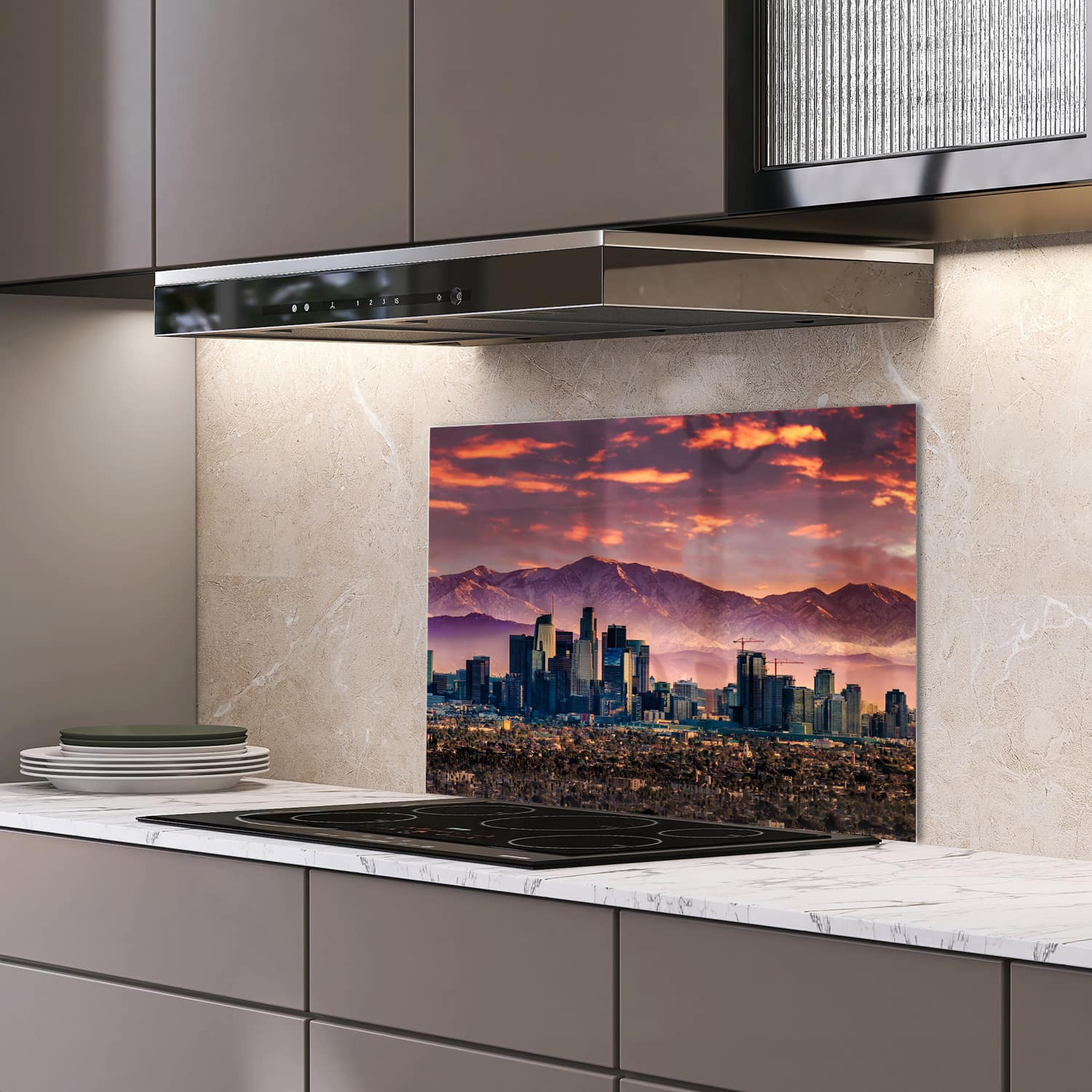 Eigen afmeting spatscherm-op-maat Keuken - Hittebestendig gehard glas - Los Angeles Skyline bij Zonsondergang