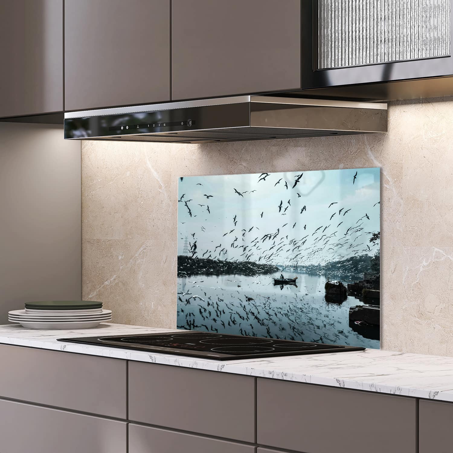 Eigen afmeting spatscherm-op-maat Keuken - Hittebestendig gehard glas - Vogelvlucht over Water