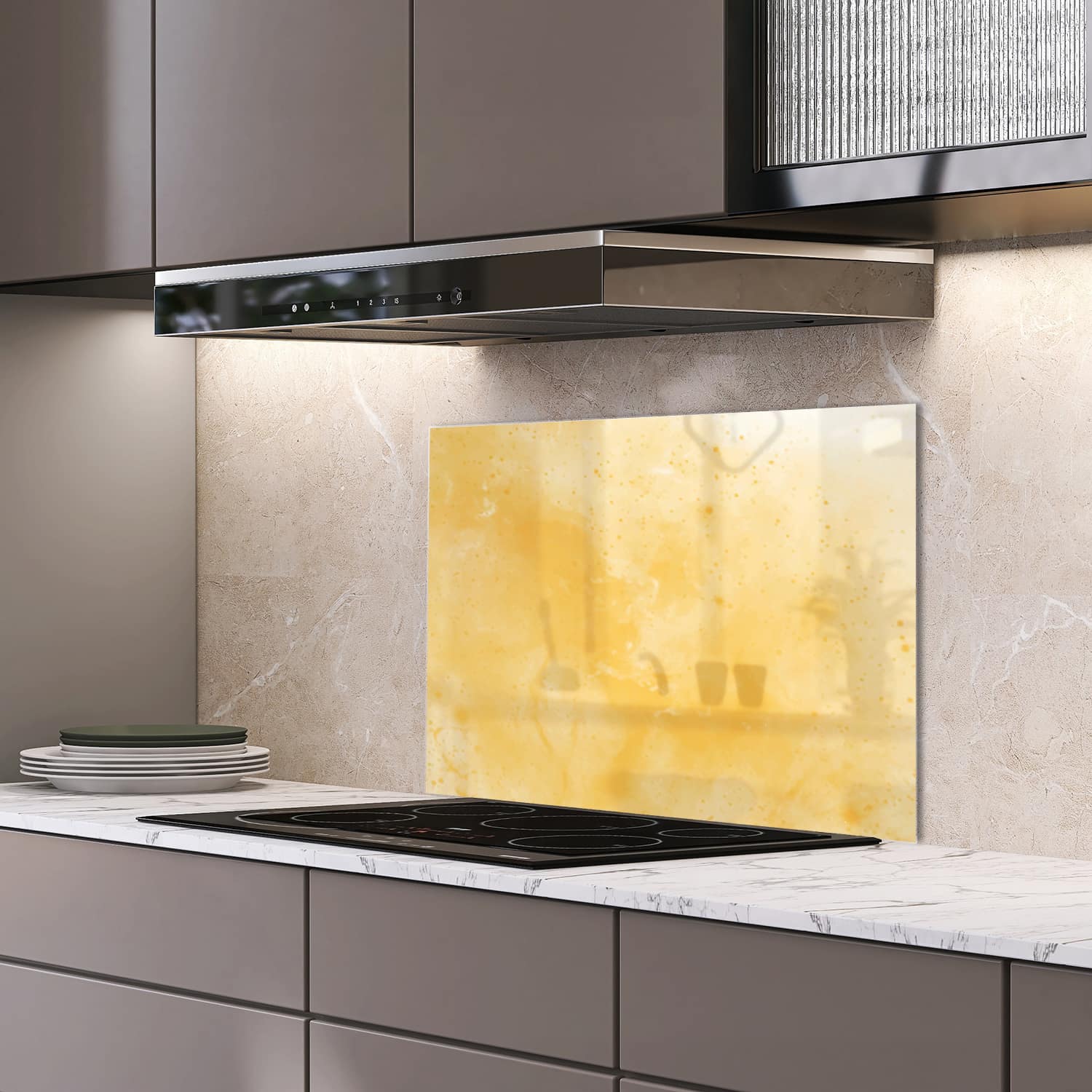 Eigen afmeting spatscherm-op-maat Keuken - Hittebestendig gehard glas - Gele Waterverf