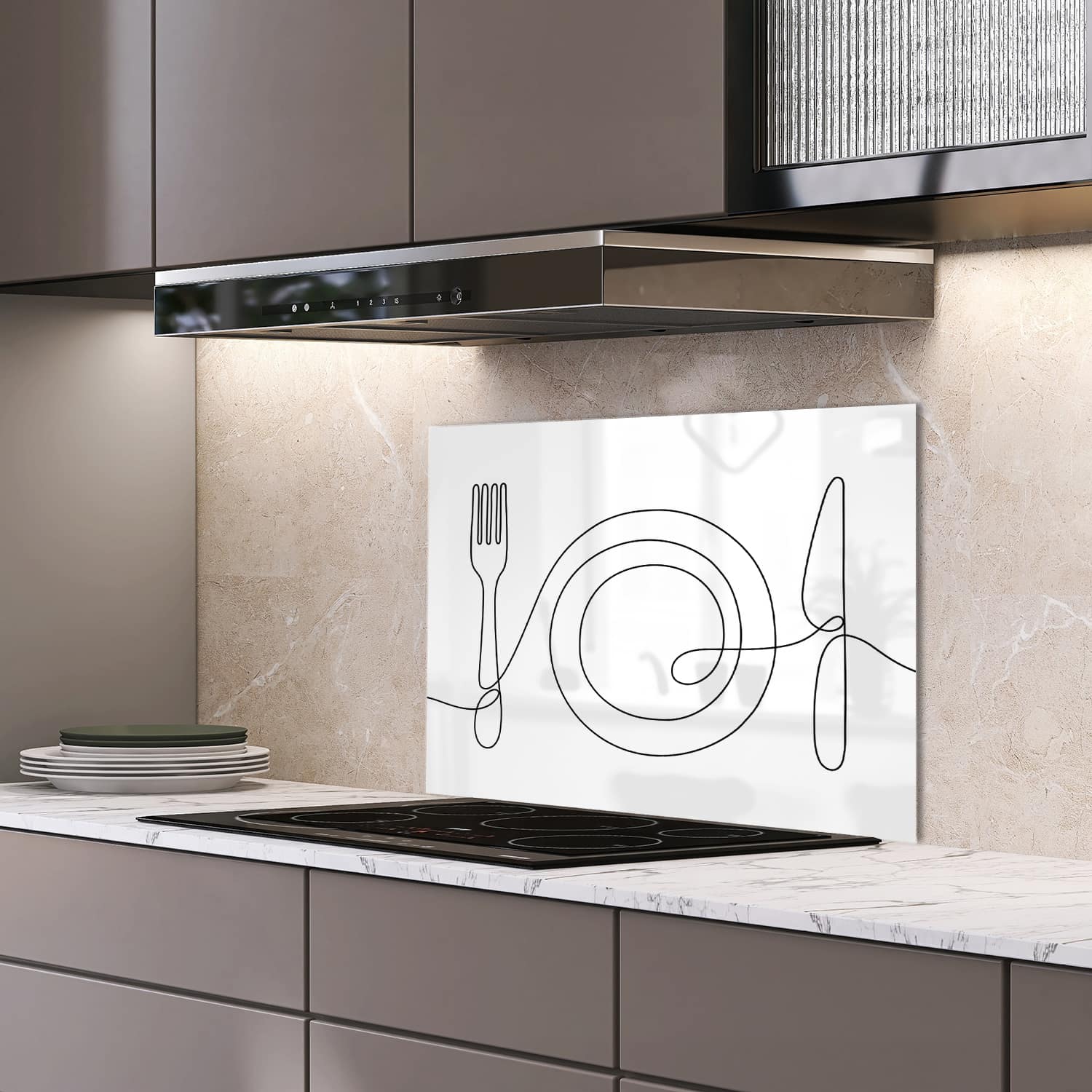 Eigen afmeting spatscherm-op-maat Keuken - Hittebestendig gehard glas - Lijnkunst Eettafel