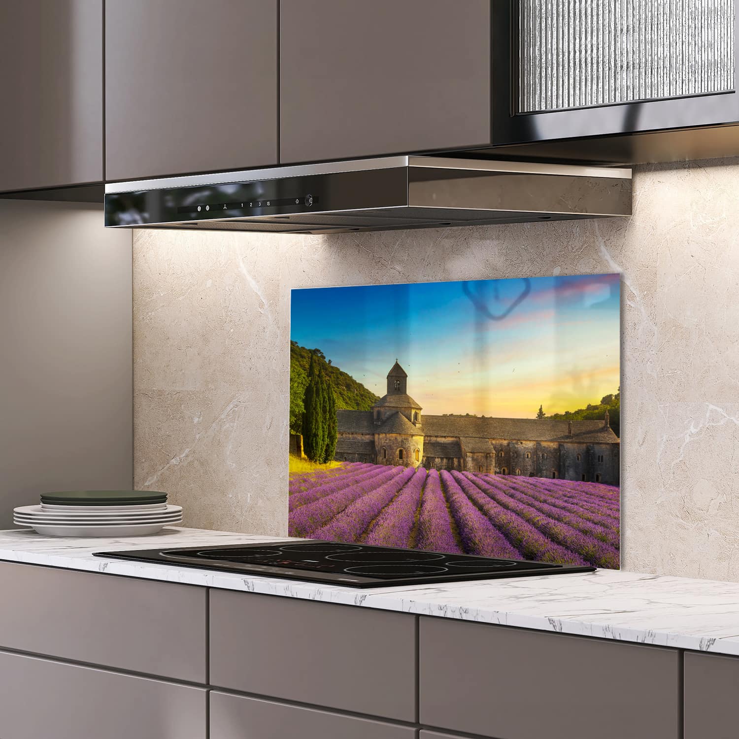 Eigen afmeting spatscherm-op-maat Keuken - Hittebestendig gehard glas - Abdij van SÃÆ Æ Â©nanque met Lavendelvelden
