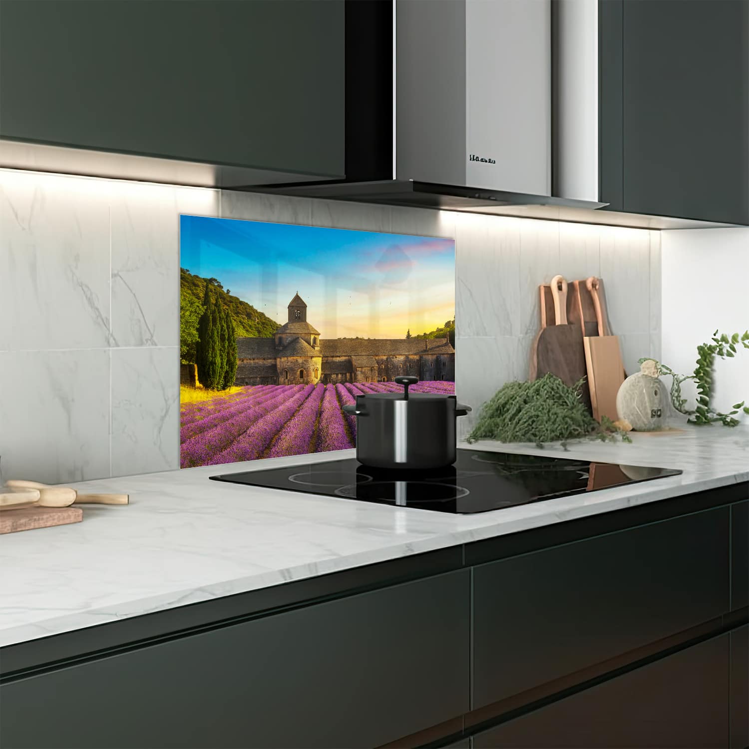 Eigen afmeting spatscherm-op-maat Keuken - Hittebestendig gehard glas - Abdij van SÃÆ Æ Â©nanque met Lavendelvelden