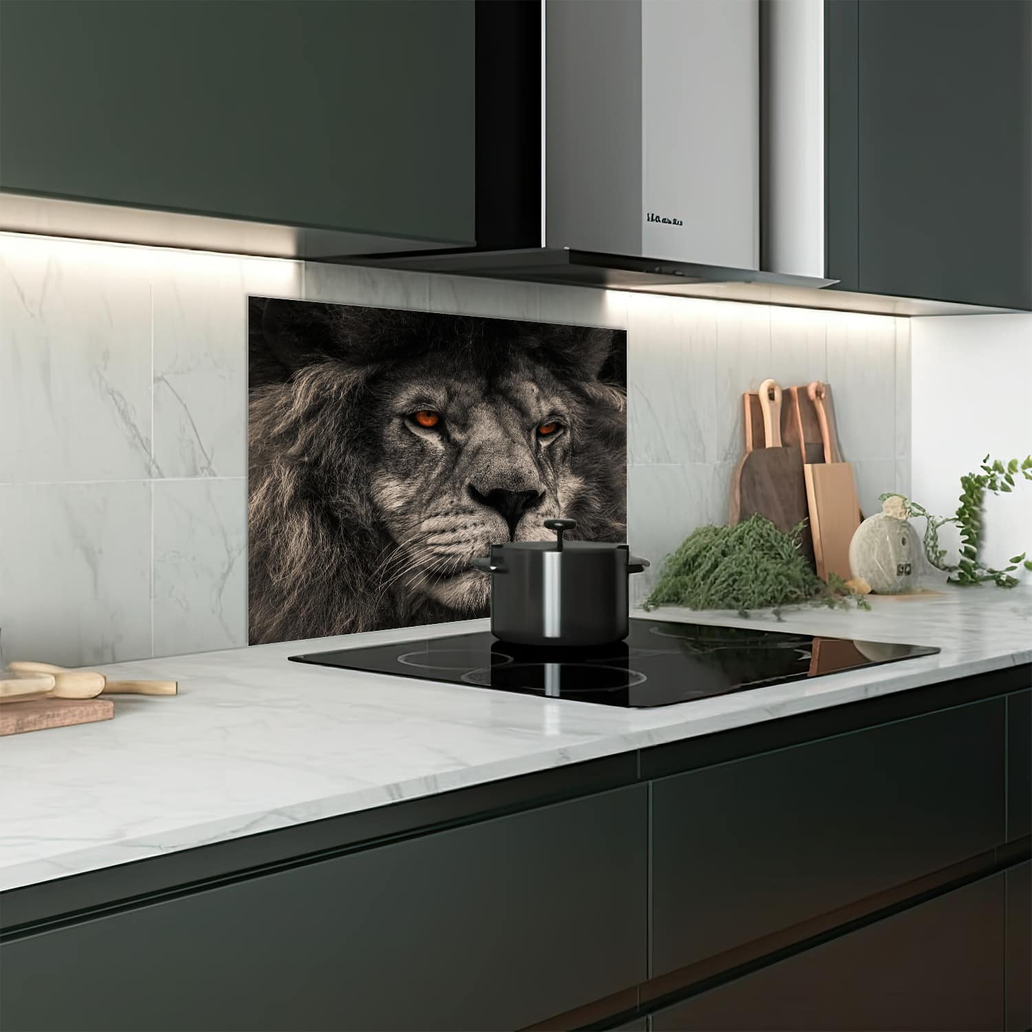 Eigen afmeting spatscherm-op-maat Keuken - Hittebestendig gehard glas - Leeuw Close-Up