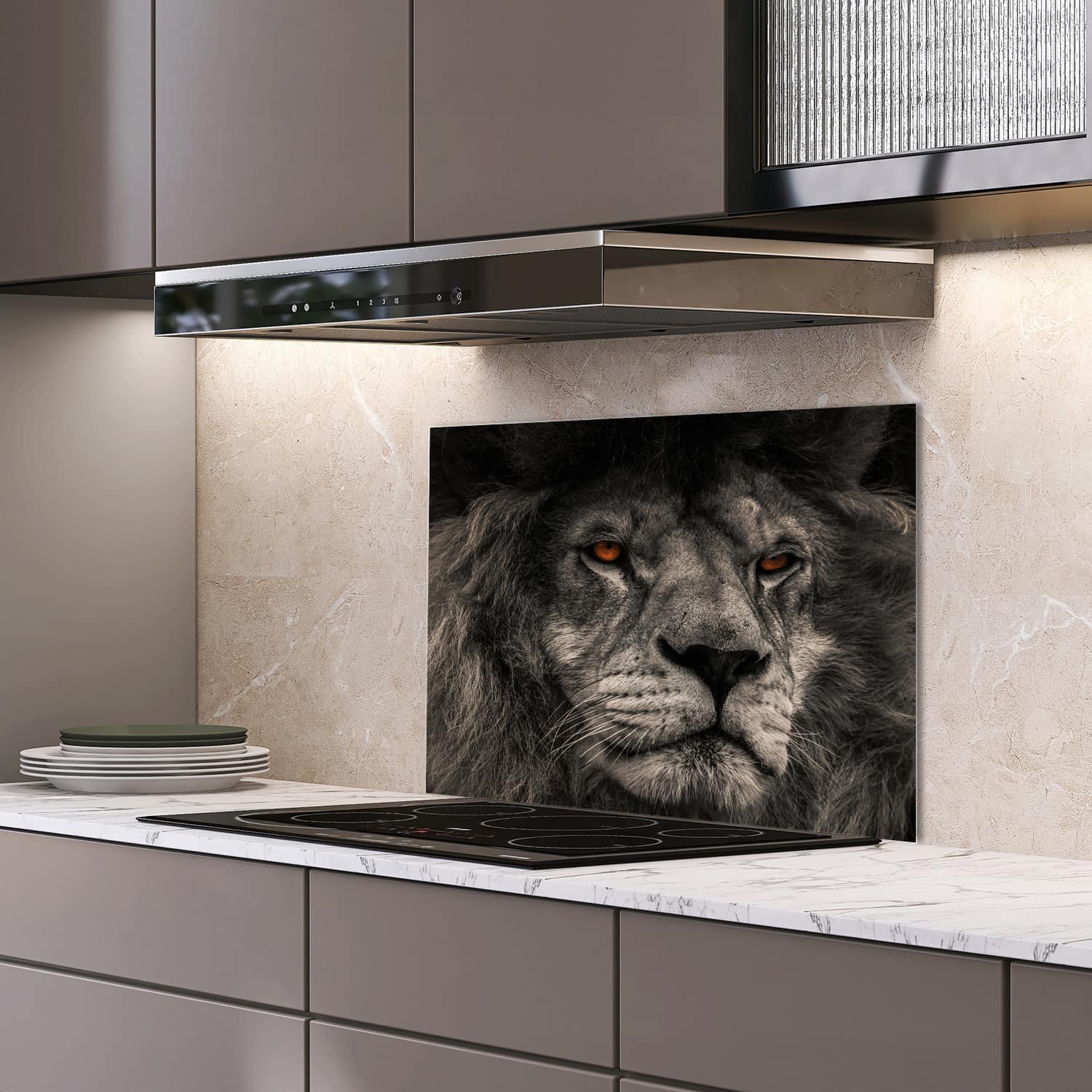 Eigen afmeting spatscherm-op-maat Keuken - Hittebestendig gehard glas - Leeuw Close-Up