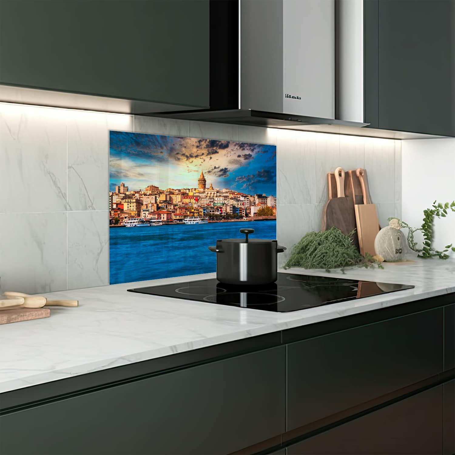 Eigen afmeting spatscherm-op-maat Keuken - Hittebestendig gehard glas - Galata Toren in Istanbul