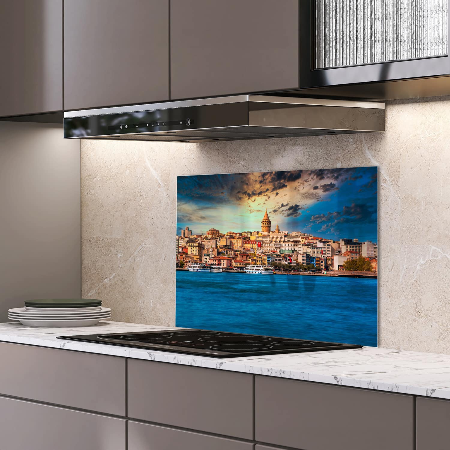 Eigen afmeting spatscherm-op-maat Keuken - Hittebestendig gehard glas - Galata Toren in Istanbul