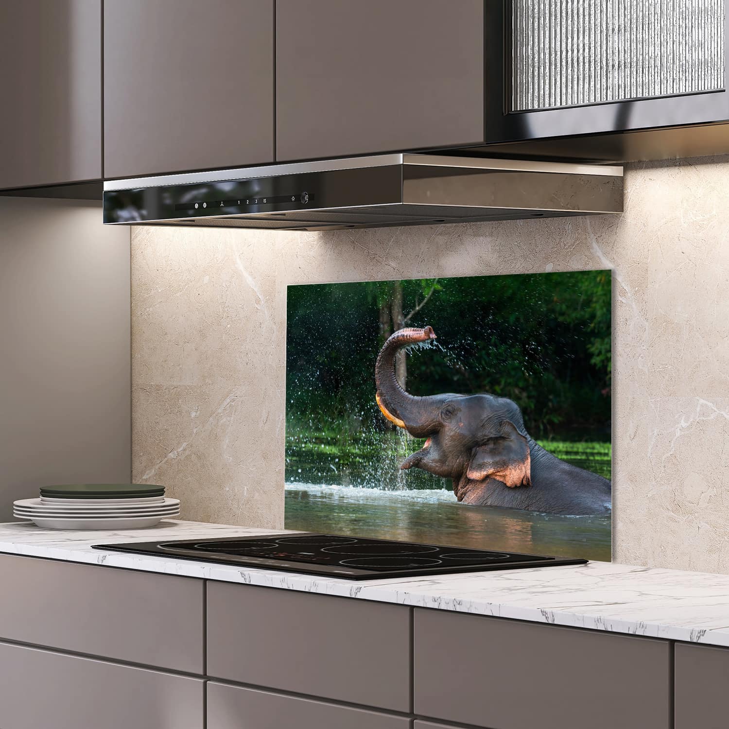 Eigen afmeting spatscherm-op-maat Keuken - Hittebestendig gehard glas - Badende Olifant