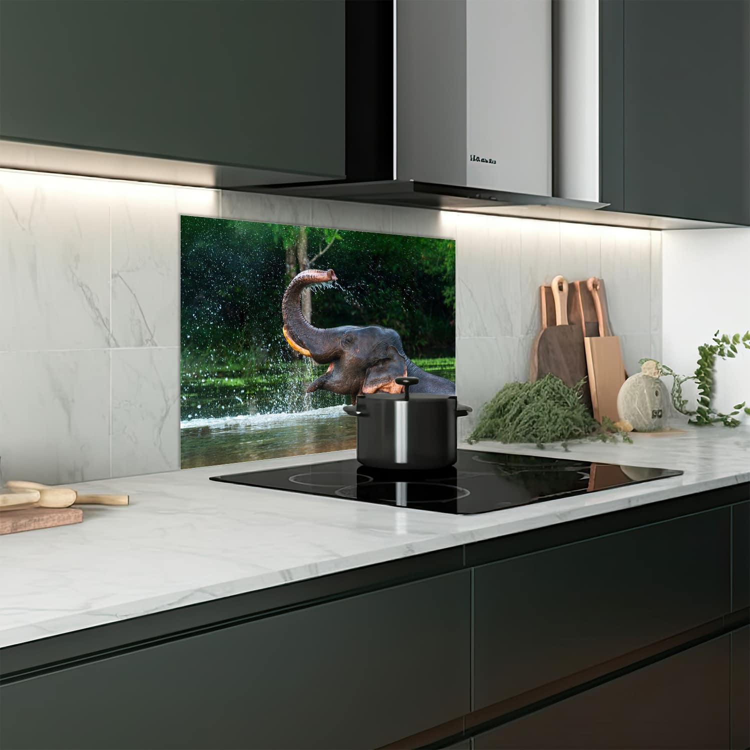 Eigen afmeting spatscherm-op-maat Keuken - Hittebestendig gehard glas - Badende Olifant