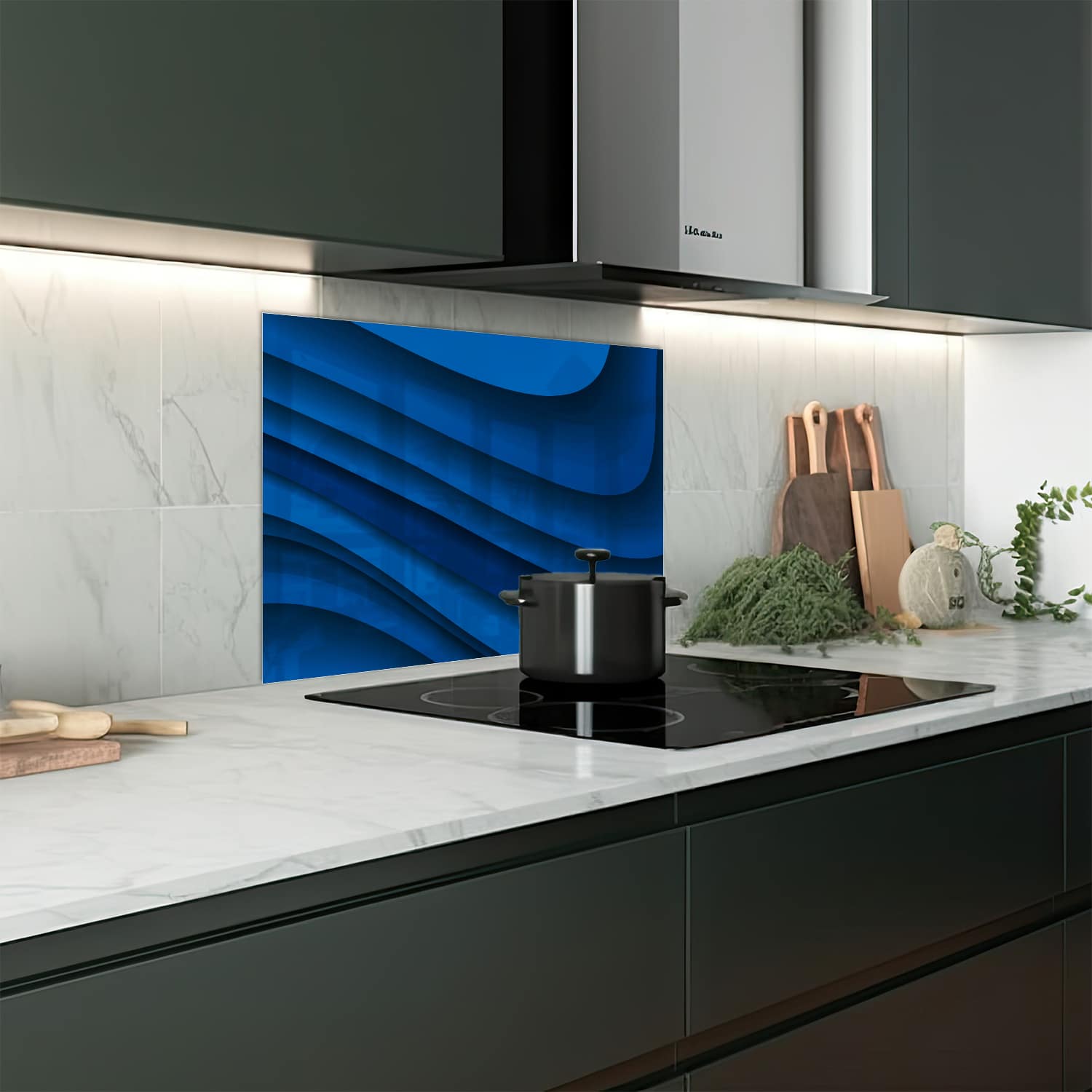 Eigen afmeting spatscherm-op-maat Keuken - Hittebestendig gehard glas - Donkerblauwe Papier Golven