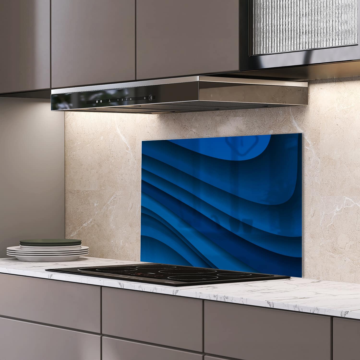 Eigen afmeting spatscherm-op-maat Keuken - Hittebestendig gehard glas - Donkerblauwe Papier Golven