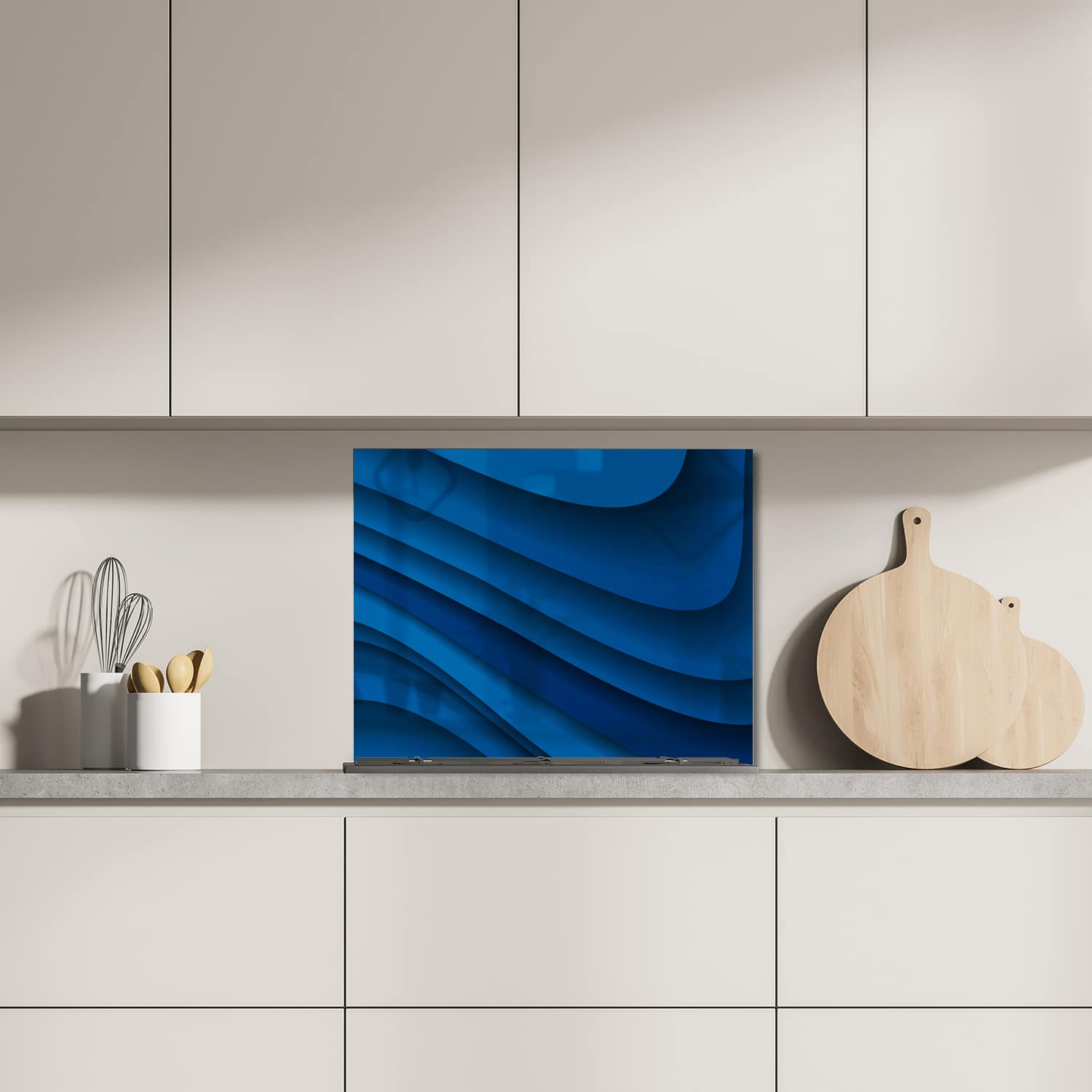 Eigen afmeting spatscherm-op-maat Keuken - Hittebestendig gehard glas - Donkerblauwe Papier Golven