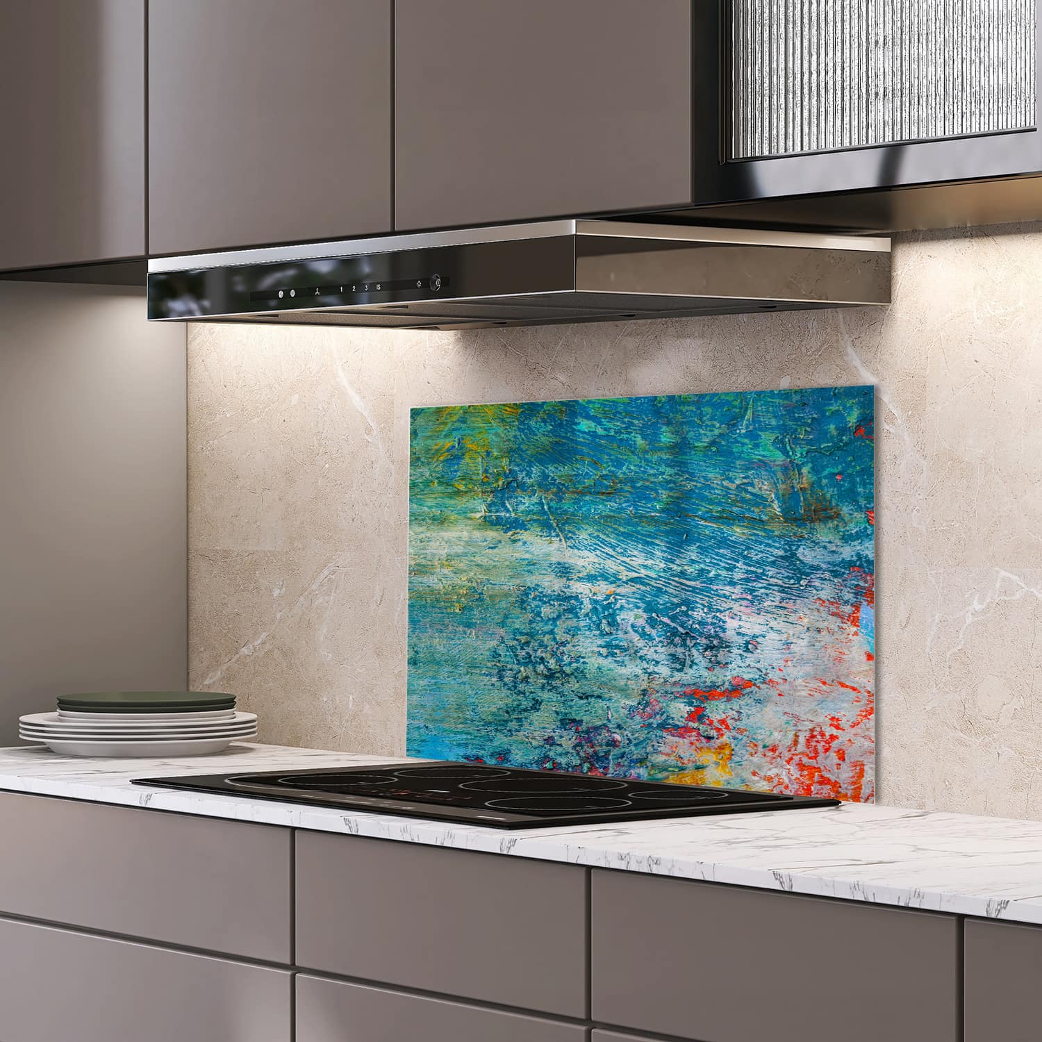 Eigen afmeting spatscherm-op-maat Keuken - Hittebestendig gehard glas - Helder Olieverfpalet