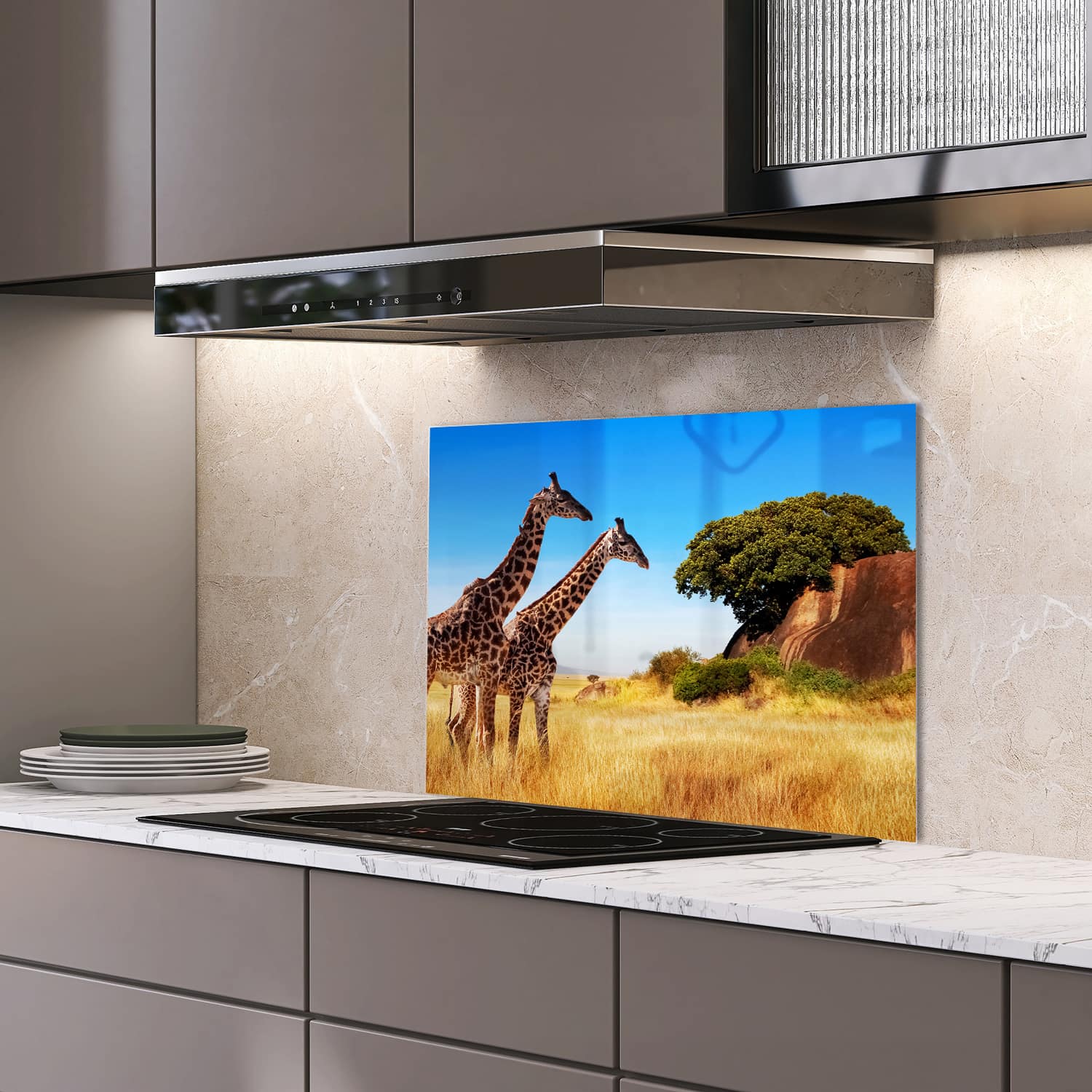 Eigen afmeting spatscherm-op-maat Keuken - Hittebestendig gehard glas - Giraffen
