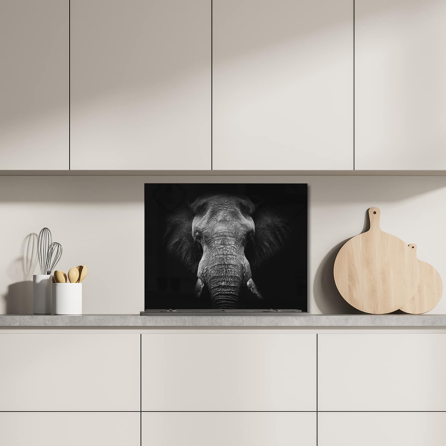 Eigen afmeting spatscherm-op-maat Keuken - Hittebestendig gehard glas - Zwart/Wit Olifant