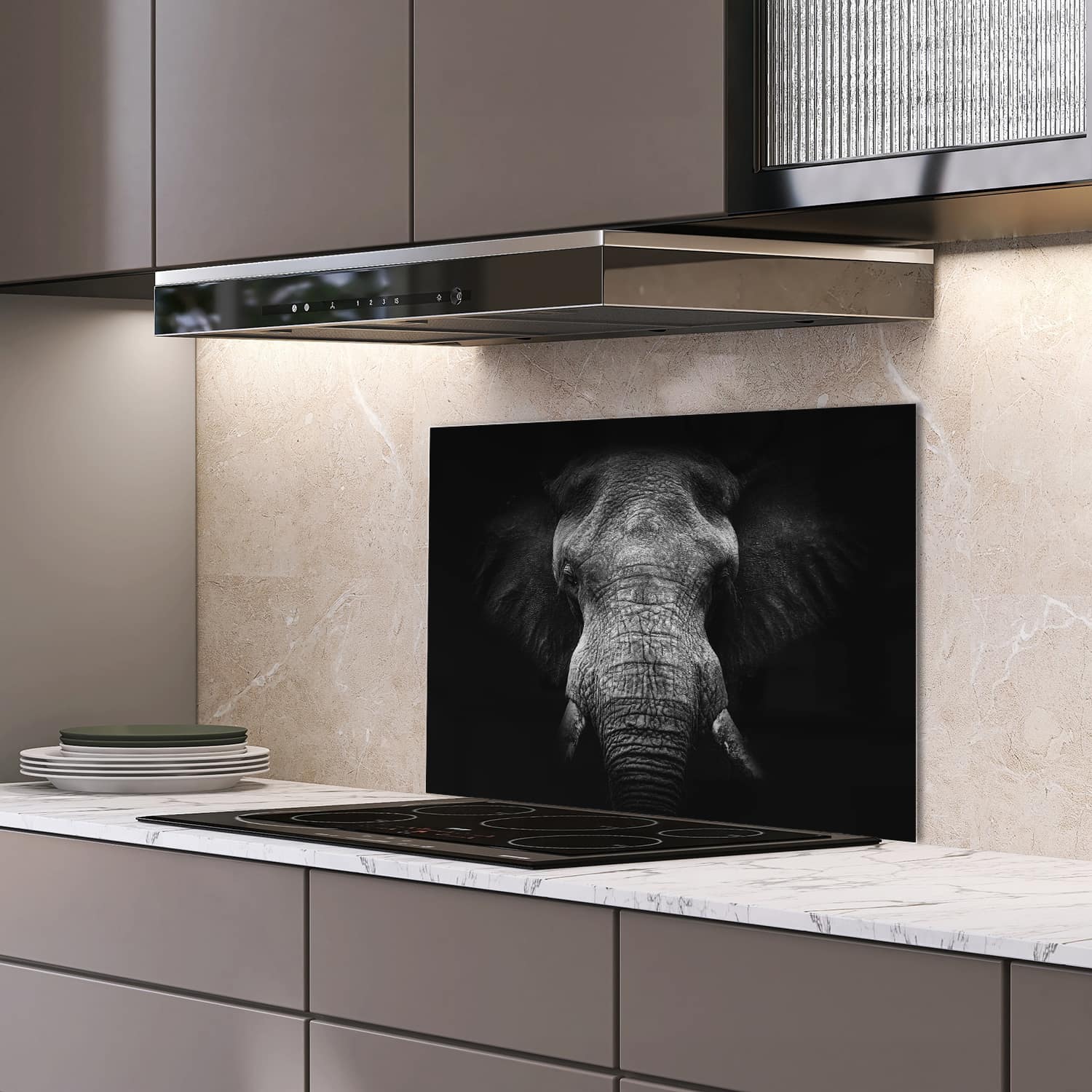 Eigen afmeting spatscherm-op-maat Keuken - Hittebestendig gehard glas - Zwart/Wit Olifant