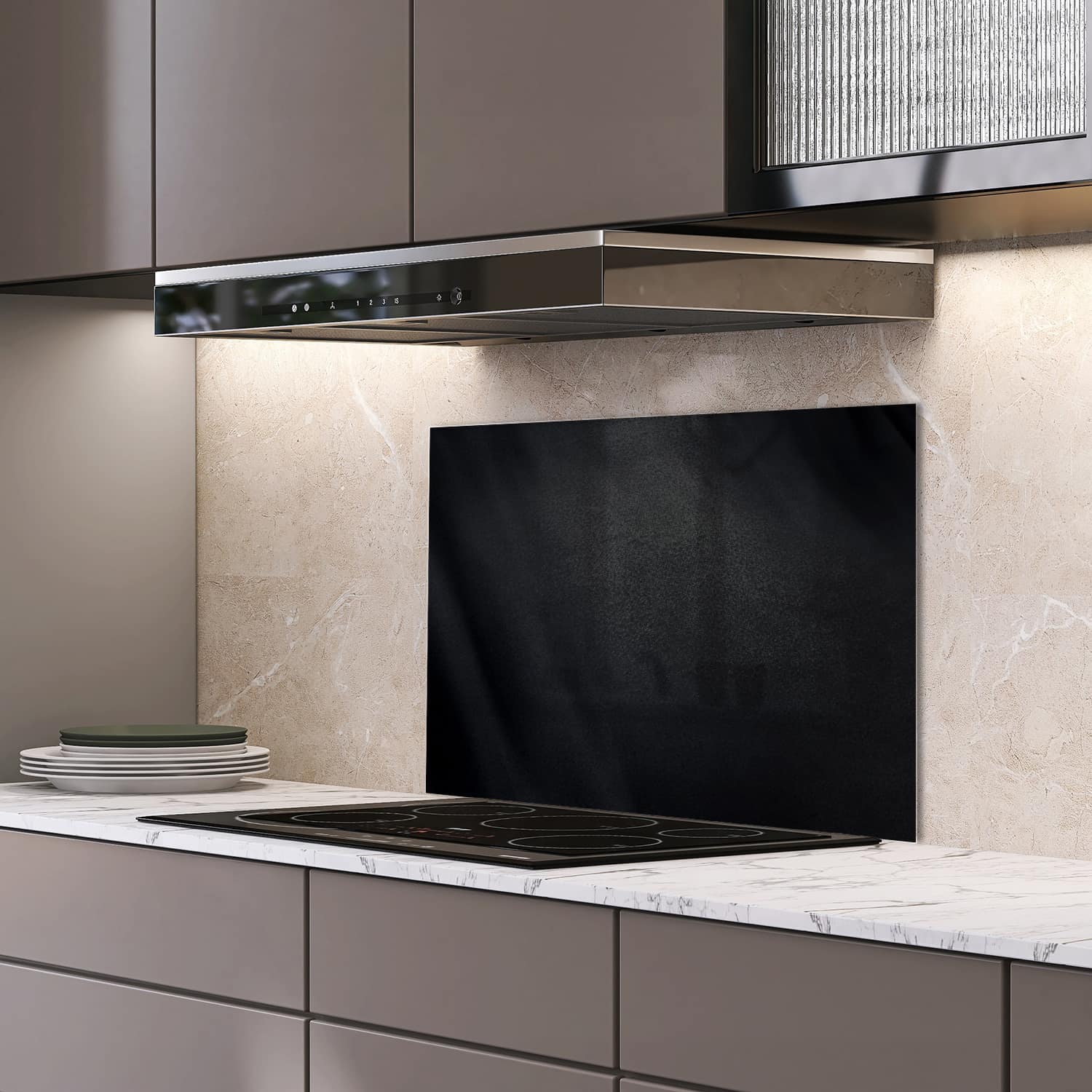 Eigen afmeting spatscherm-op-maat Keuken - Hittebestendig gehard glas - Zwart Stof
