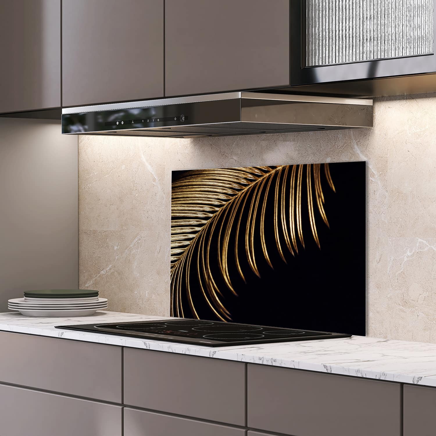 Eigen afmeting spatscherm-op-maat Keuken - Hittebestendig gehard glas - Tropische Gouden Bladeren