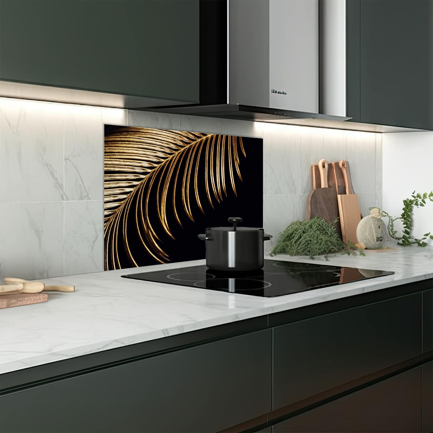 Eigen afmeting spatscherm-op-maat Keuken - Hittebestendig gehard glas - Tropische Gouden Bladeren